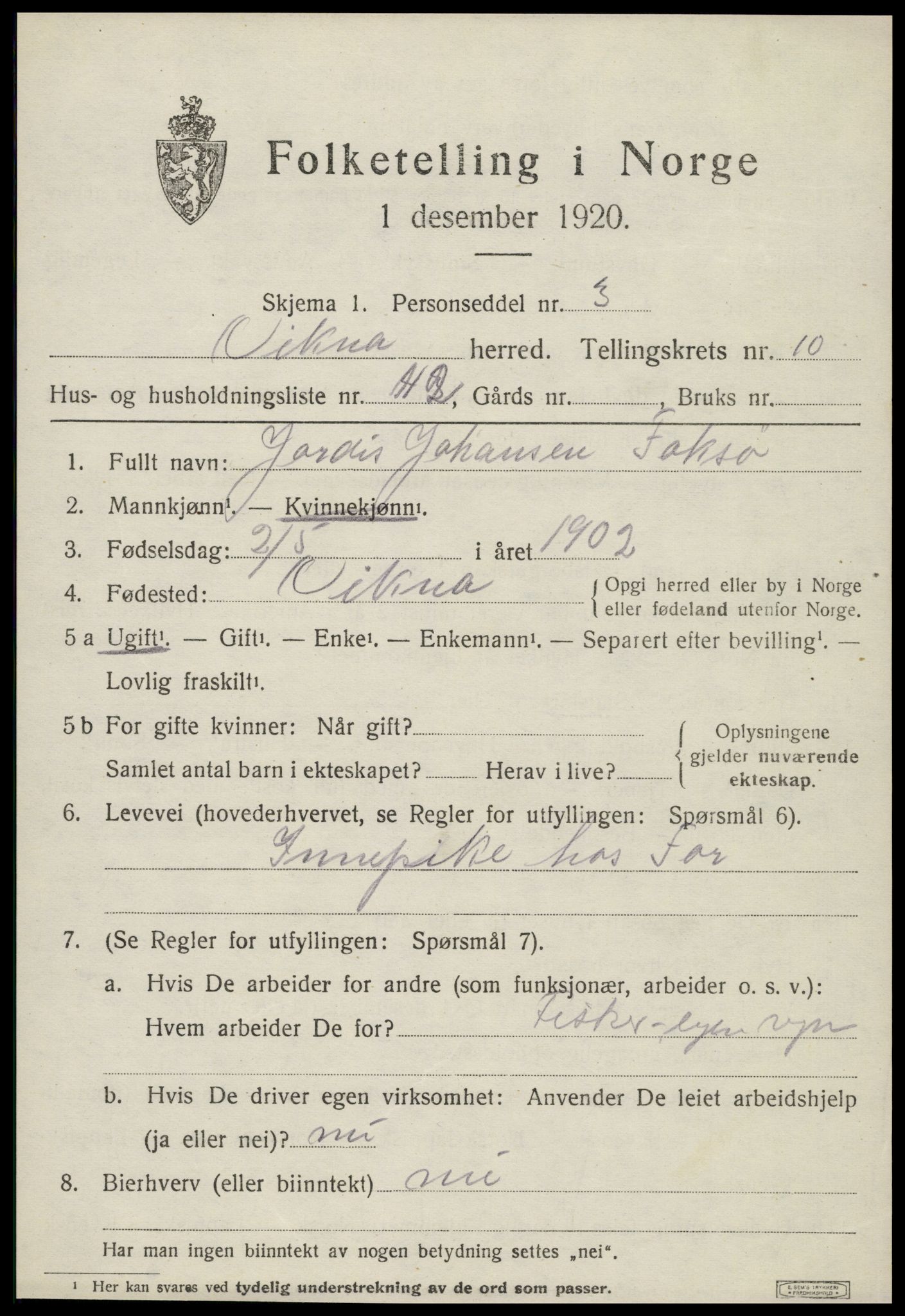 SAT, 1920 census for Vikna, 1920, p. 7331