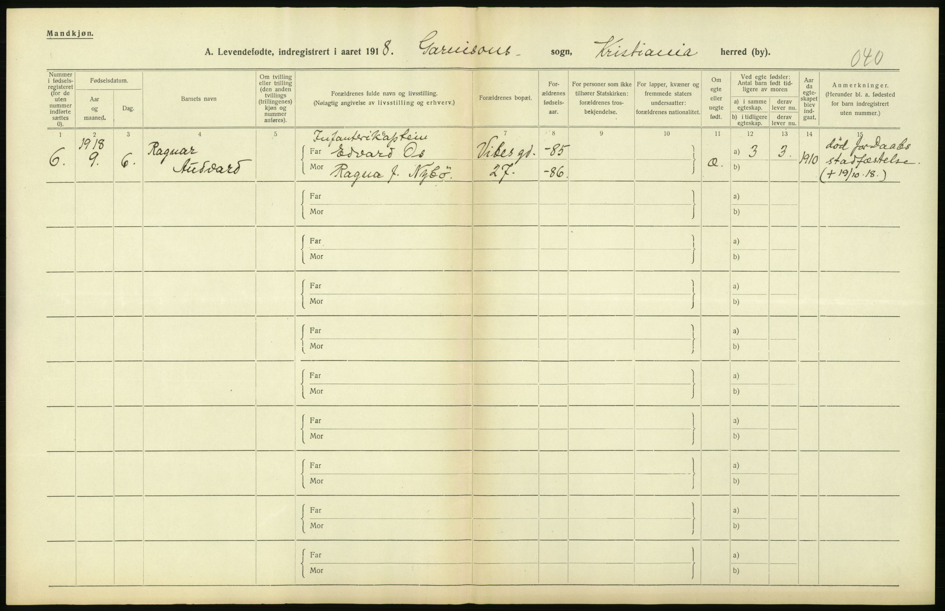 Statistisk sentralbyrå, Sosiodemografiske emner, Befolkning, AV/RA-S-2228/D/Df/Dfb/Dfbh/L0008: Kristiania: Levendefødte menn og kvinner., 1918, p. 226