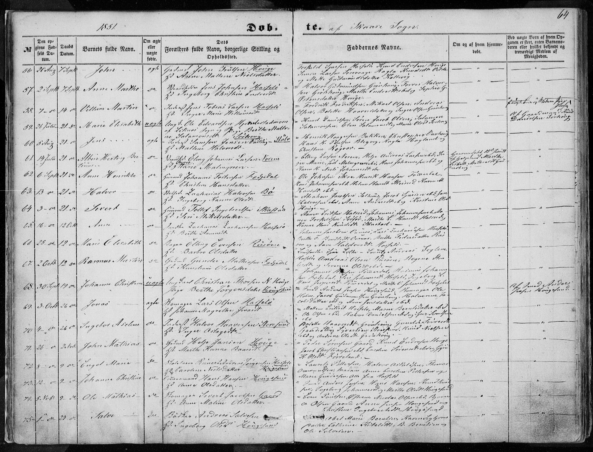 Torvastad sokneprestkontor, SAST/A -101857/H/Ha/Haa/L0009: Parish register (official) no. A 9, 1847-1856, p. 64