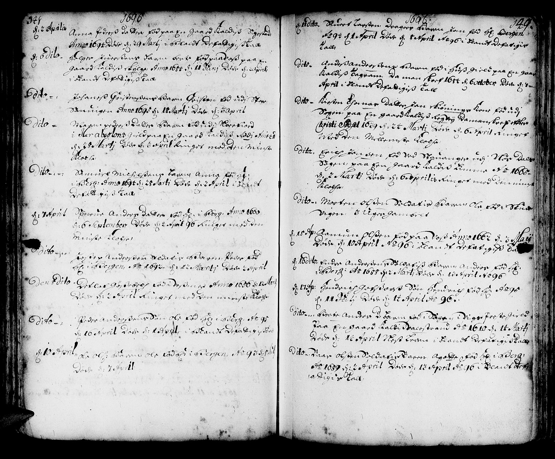 Korskirken sokneprestembete, AV/SAB-A-76101/H/Haa/L0010: Parish register (official) no. A 10, 1688-1703, p. 148-149