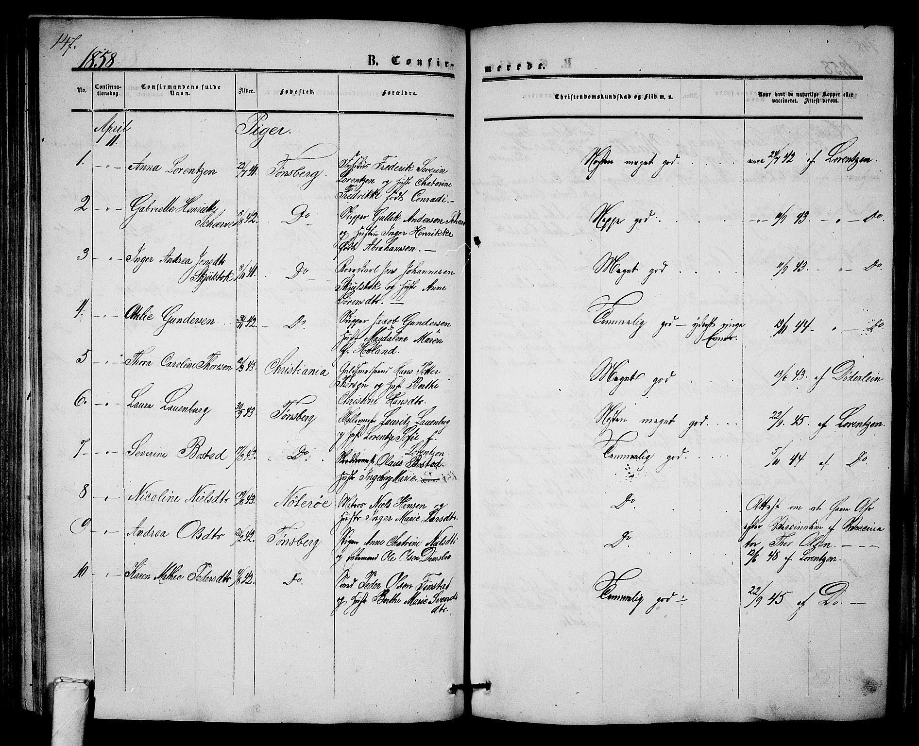 Tønsberg kirkebøker, AV/SAKO-A-330/G/Ga/L0003: Parish register (copy) no. 3, 1855-1864, p. 147