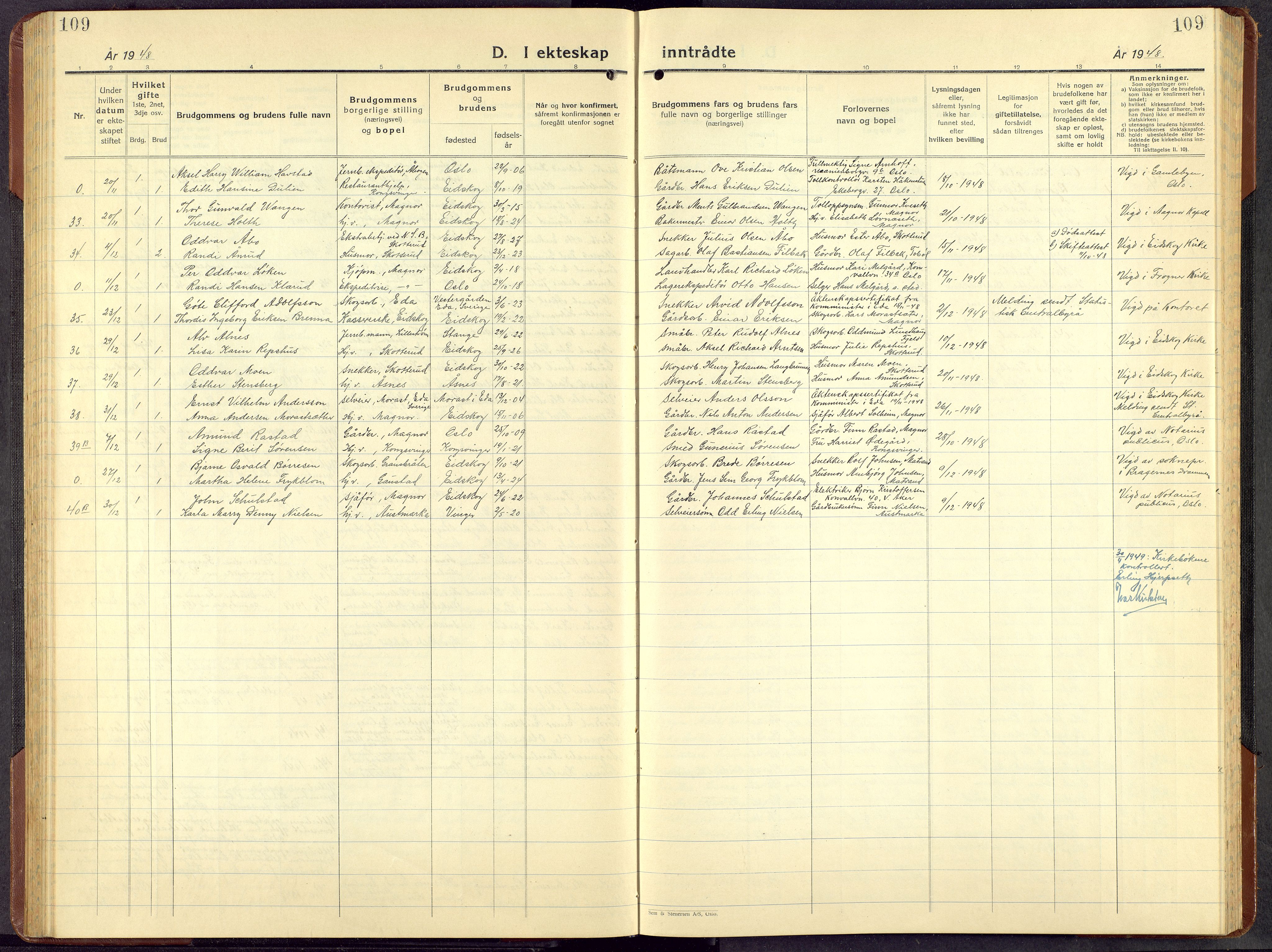 Eidskog prestekontor, AV/SAH-PREST-026/H/Ha/Hab/L0008: Parish register (copy) no. 8, 1938-1959, p. 109