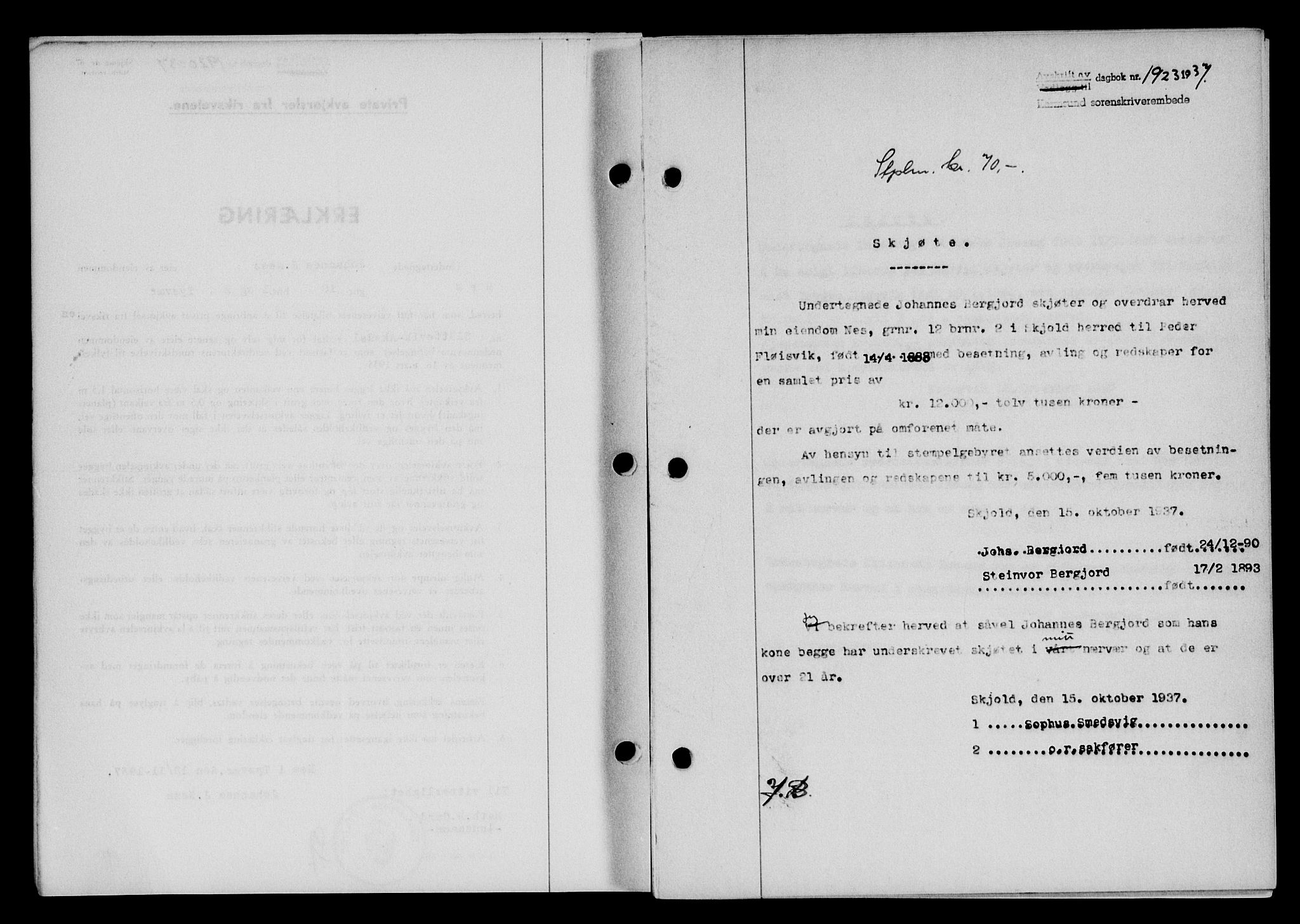 Karmsund sorenskriveri, AV/SAST-A-100311/01/II/IIB/L0068: Mortgage book no. 49A, 1937-1937, Diary no: : 1923/1937