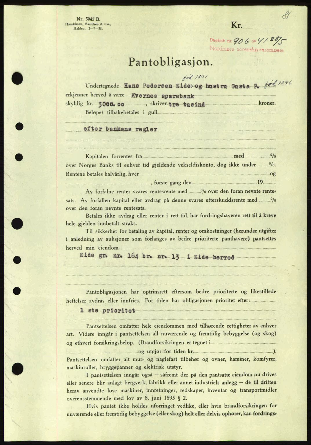 Nordmøre sorenskriveri, AV/SAT-A-4132/1/2/2Ca: Mortgage book no. B88, 1941-1942, Diary no: : 906/1941