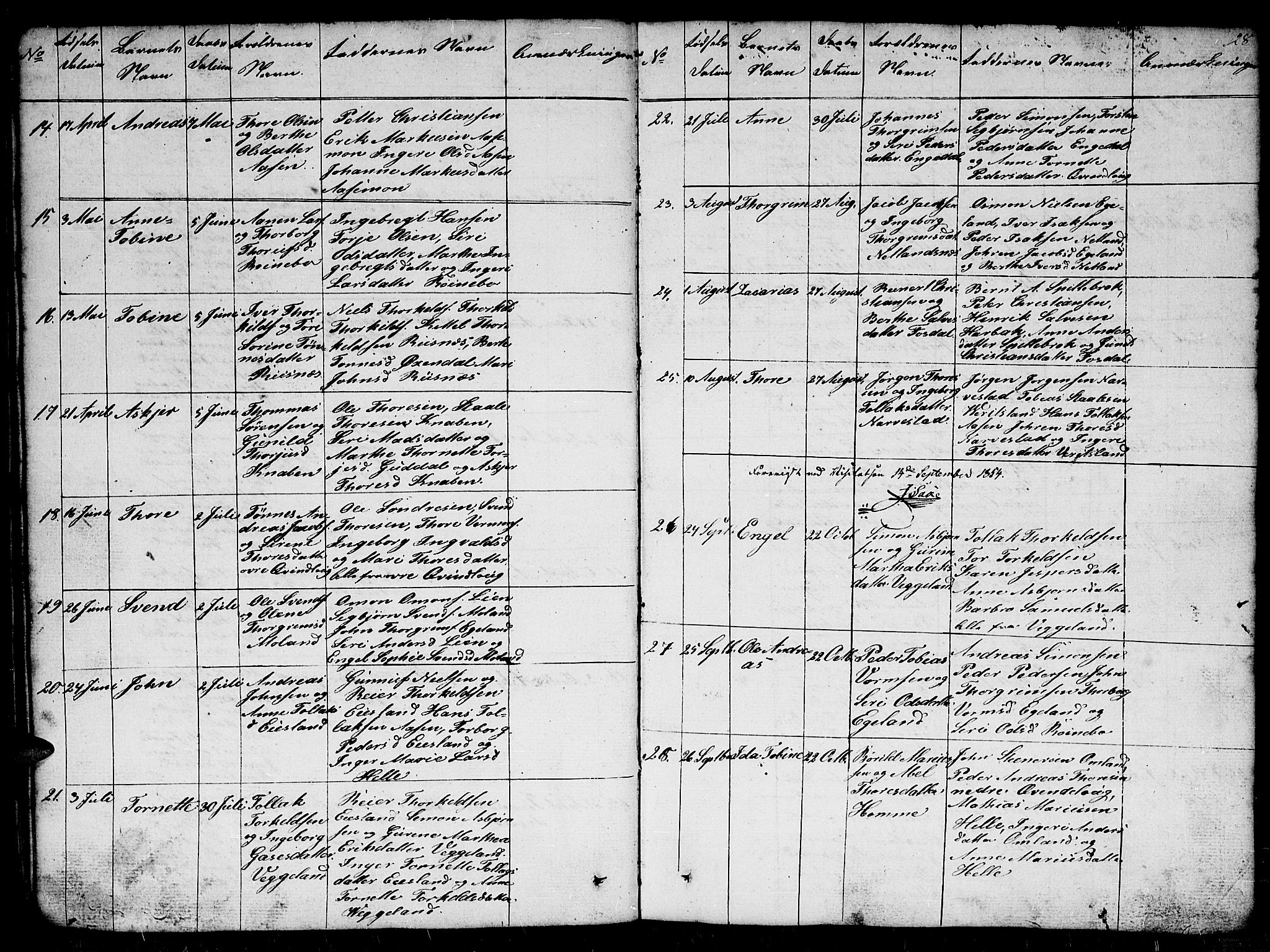 Fjotland sokneprestkontor, AV/SAK-1111-0010/F/Fb/L0002: Parish register (copy) no. B 2, 1841-1871, p. 28