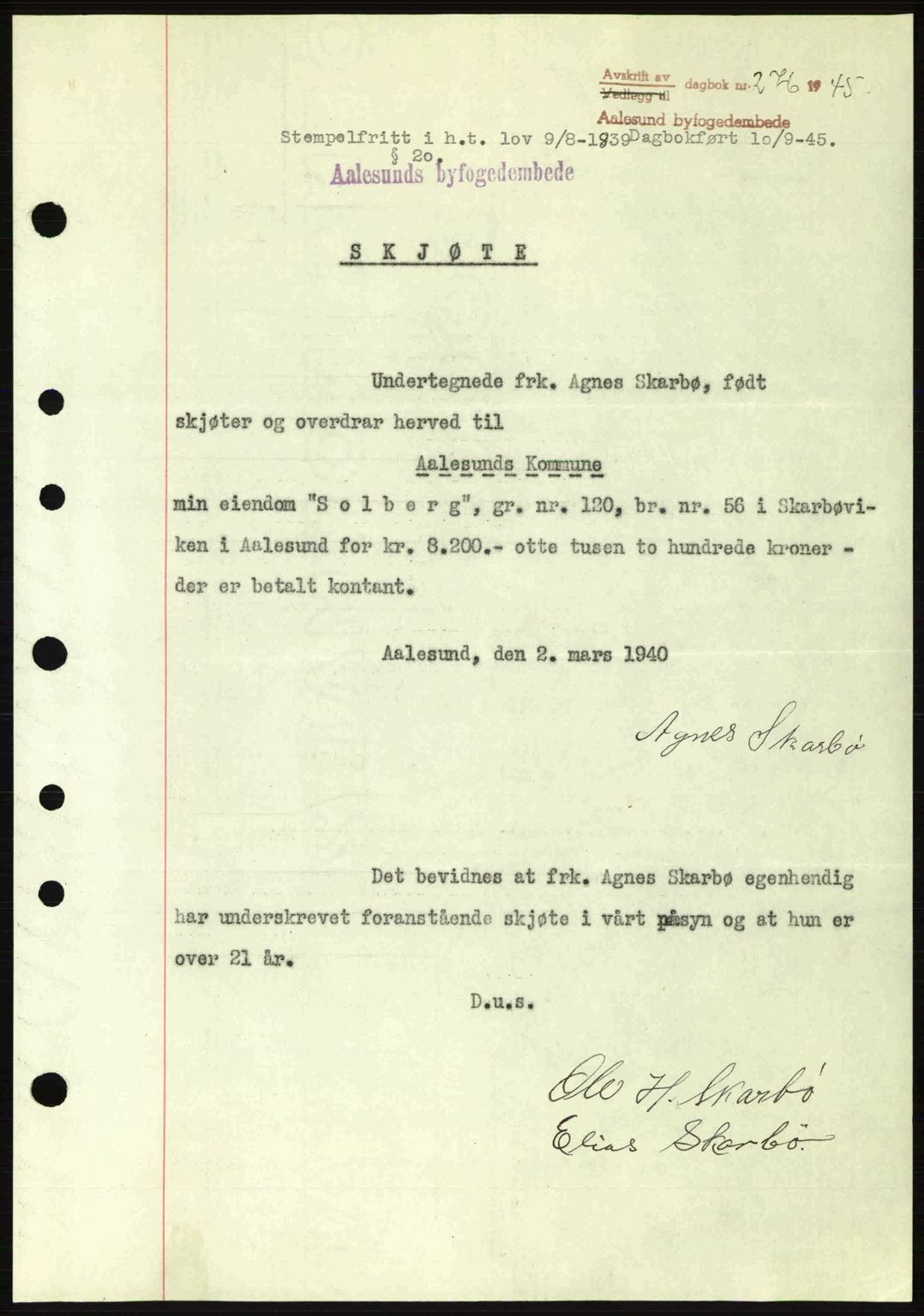 Ålesund byfogd, AV/SAT-A-4384: Mortgage book no. 36a, 1944-1945, Diary no: : 276/1945