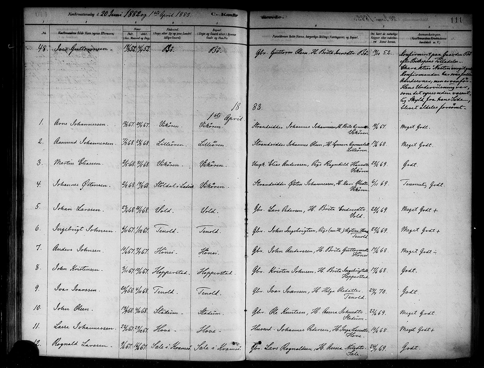 Vik sokneprestembete, SAB/A-81501: Parish register (official) no. B 1, 1878-1890, p. 111