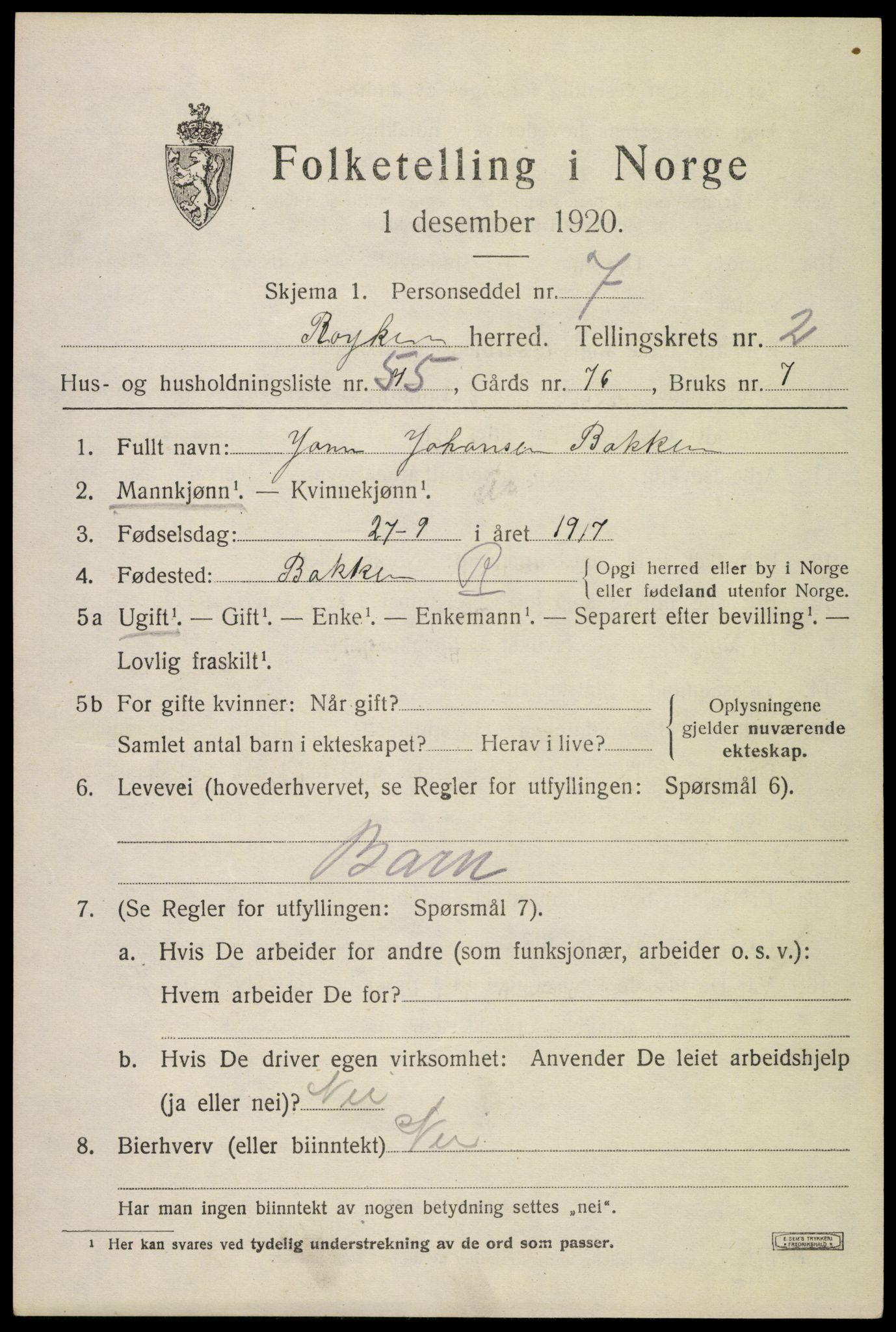 SAKO, 1920 census for Røyken, 1920, p. 3606