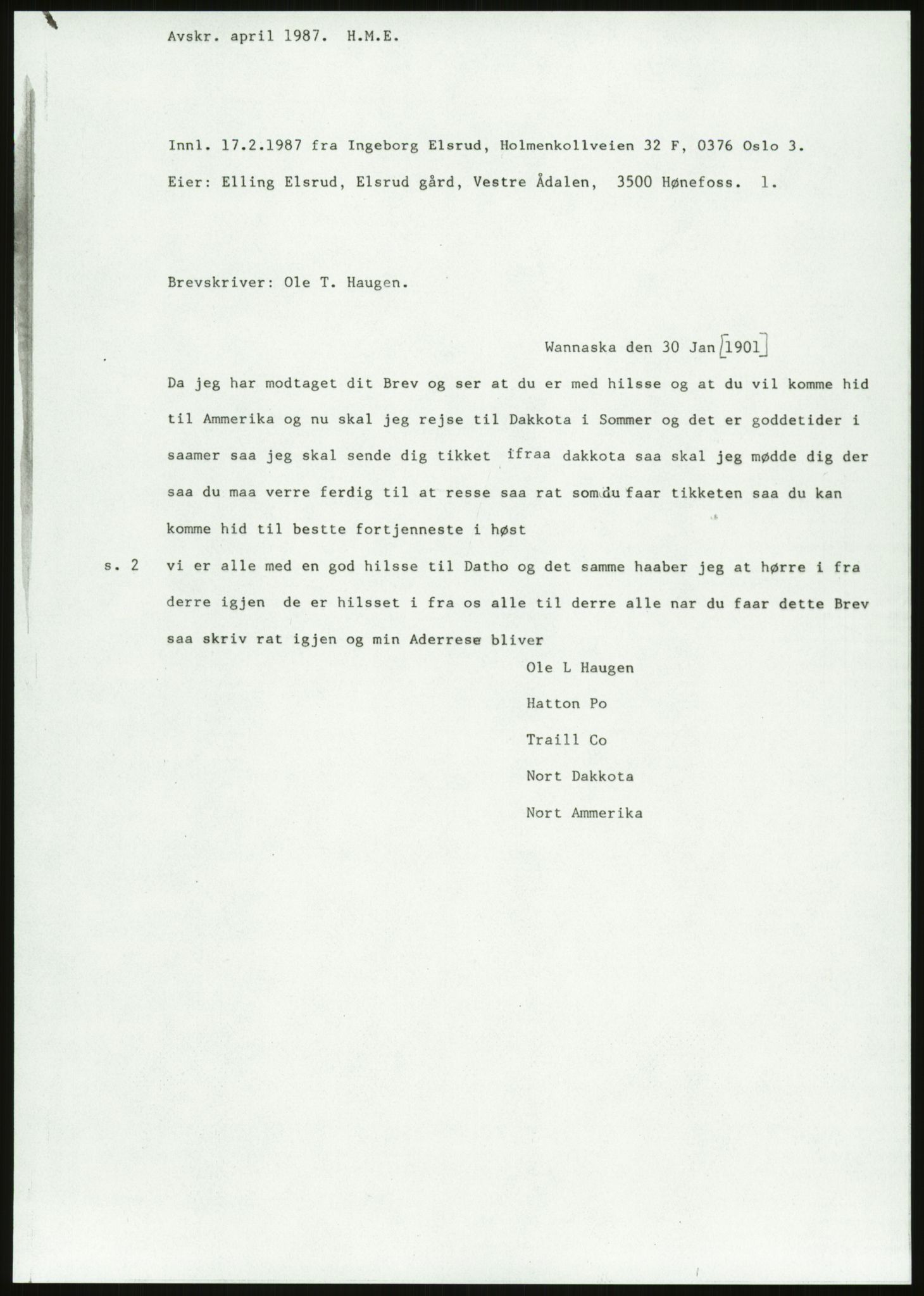 Samlinger til kildeutgivelse, Amerikabrevene, AV/RA-EA-4057/F/L0018: Innlån fra Buskerud: Elsrud, 1838-1914, p. 1035