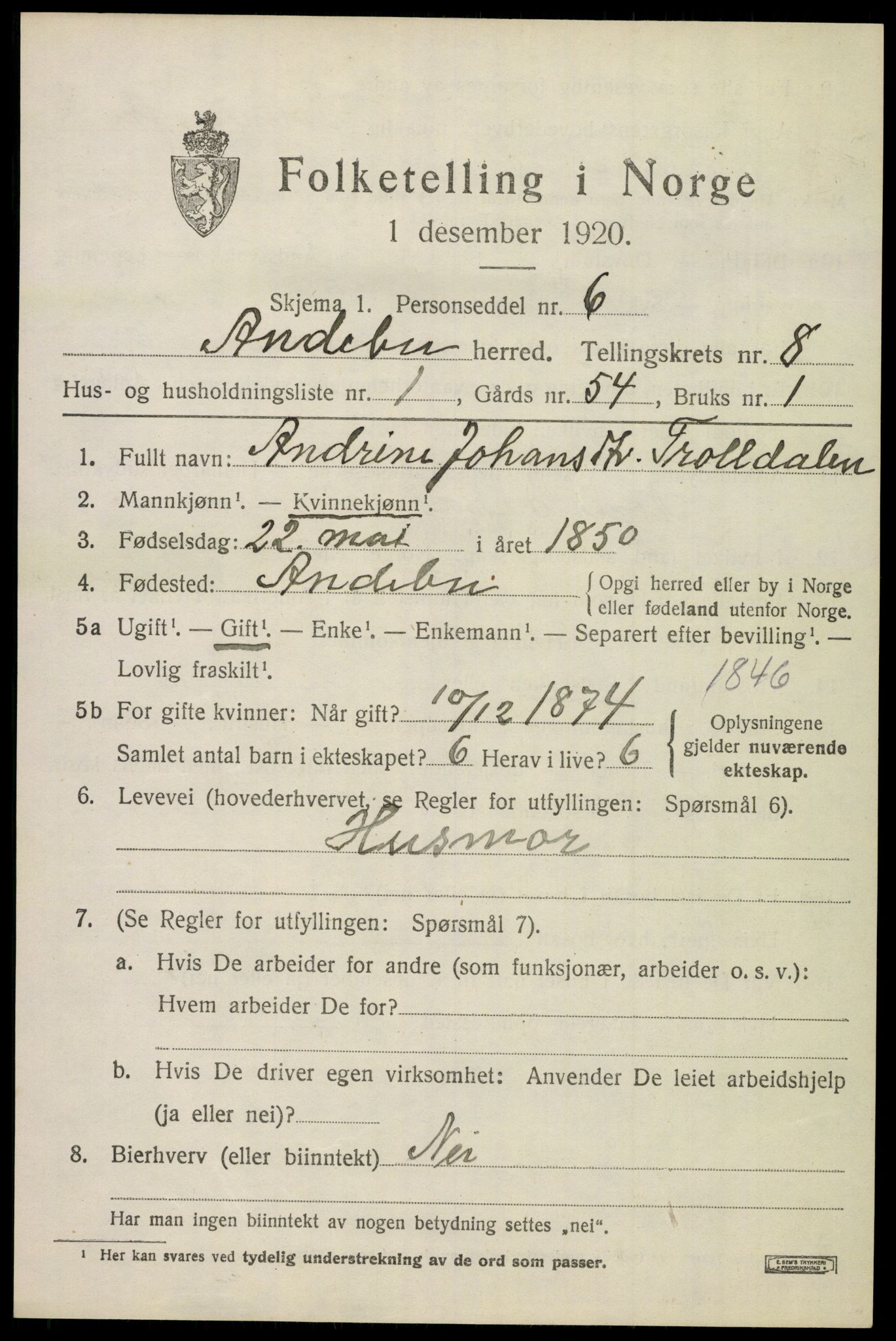 SAKO, 1920 census for Andebu, 1920, p. 3500