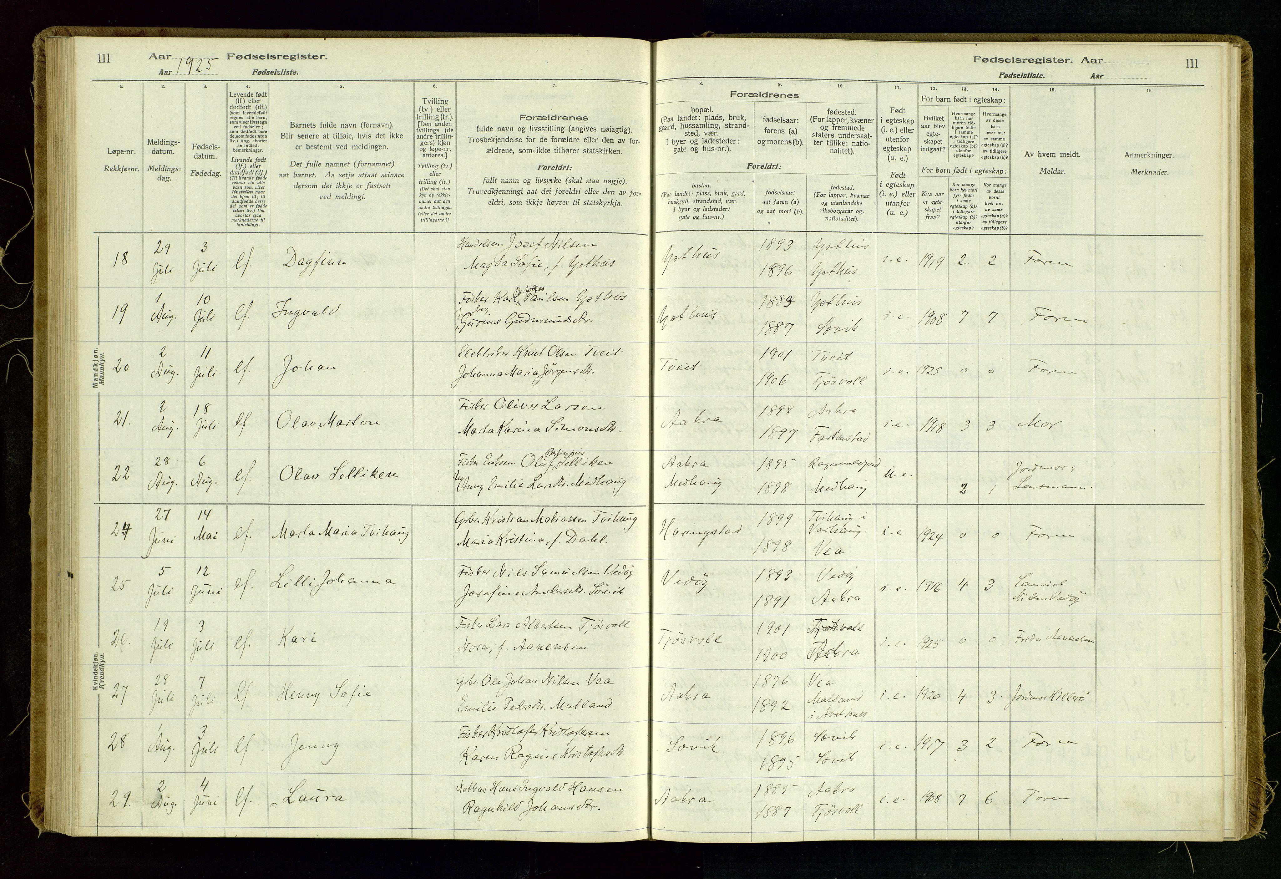 Kopervik sokneprestkontor, AV/SAST-A-101850/I/Id/L0006: Birth register no. 6, 1916-1934, p. 111