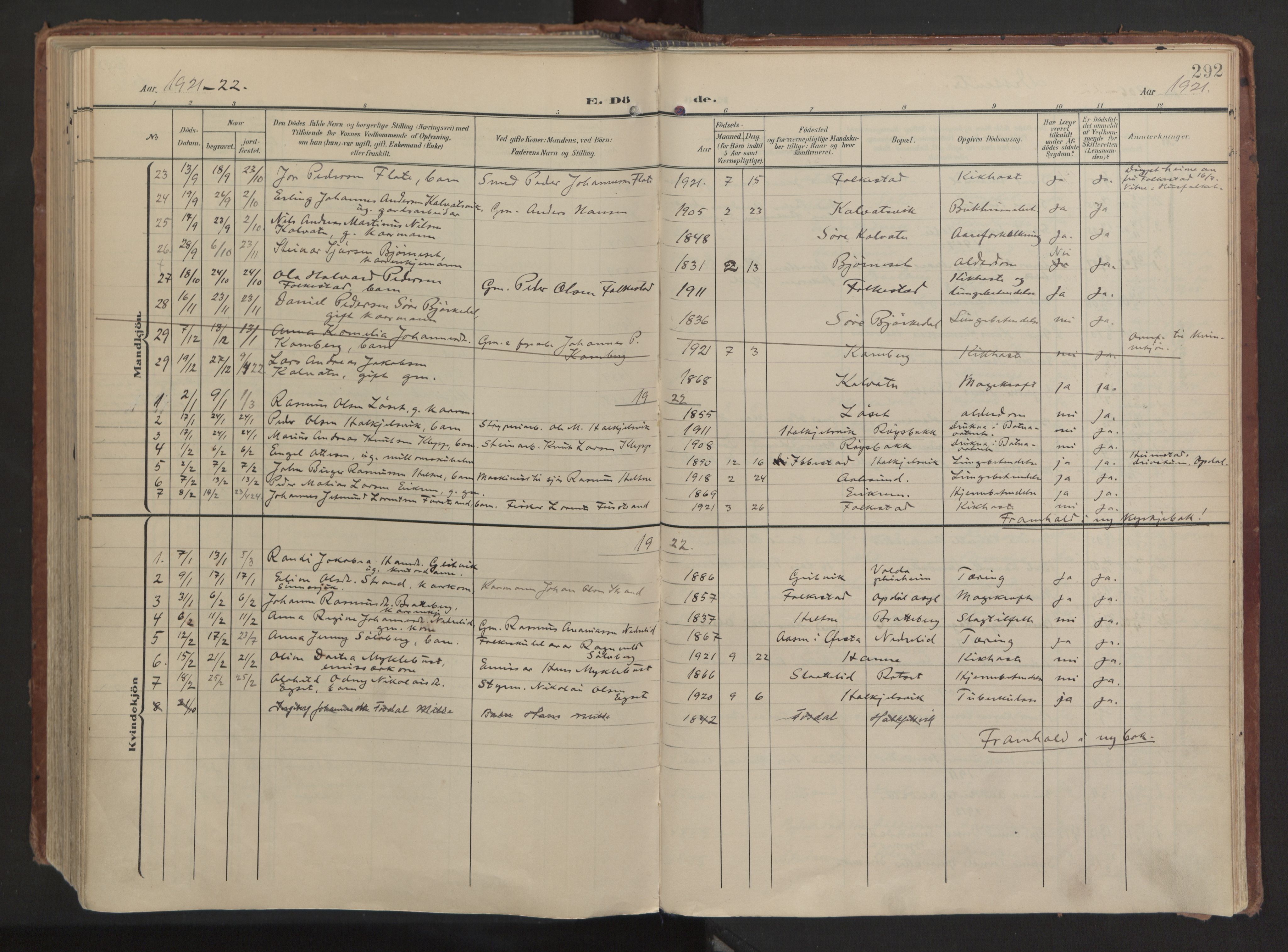 Ministerialprotokoller, klokkerbøker og fødselsregistre - Møre og Romsdal, AV/SAT-A-1454/511/L0144: Parish register (official) no. 511A11, 1906-1923, p. 292