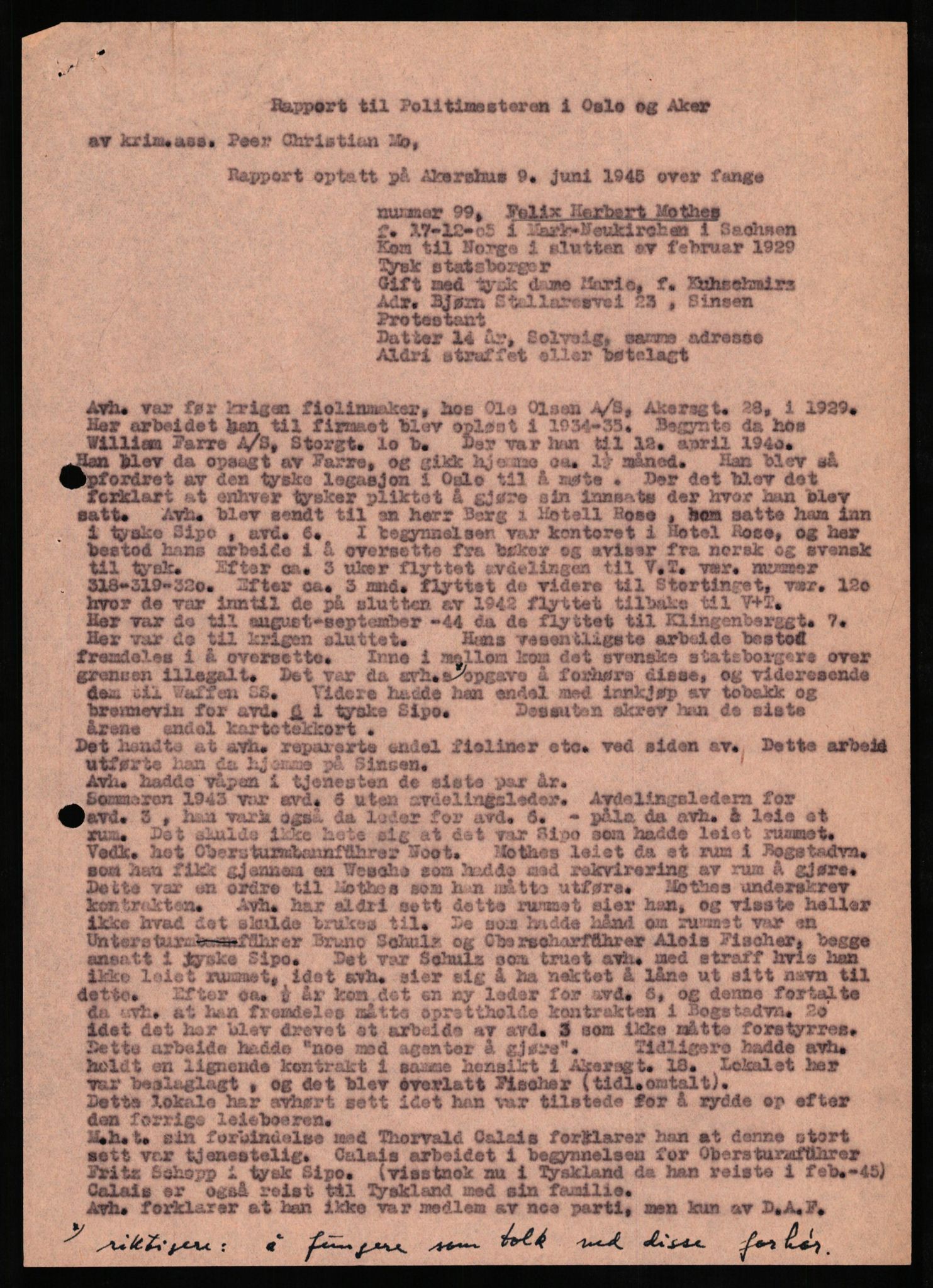 Forsvaret, Forsvarets overkommando II, AV/RA-RAFA-3915/D/Db/L0022: CI Questionaires. Tyske okkupasjonsstyrker i Norge. Tyskere., 1945-1946, p. 398