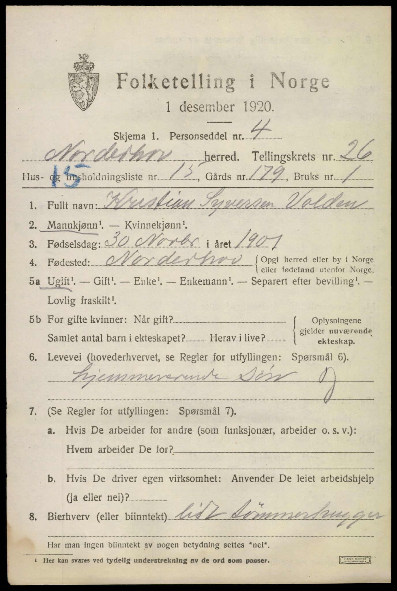 SAKO, 1920 census for Norderhov, 1920, p. 24275