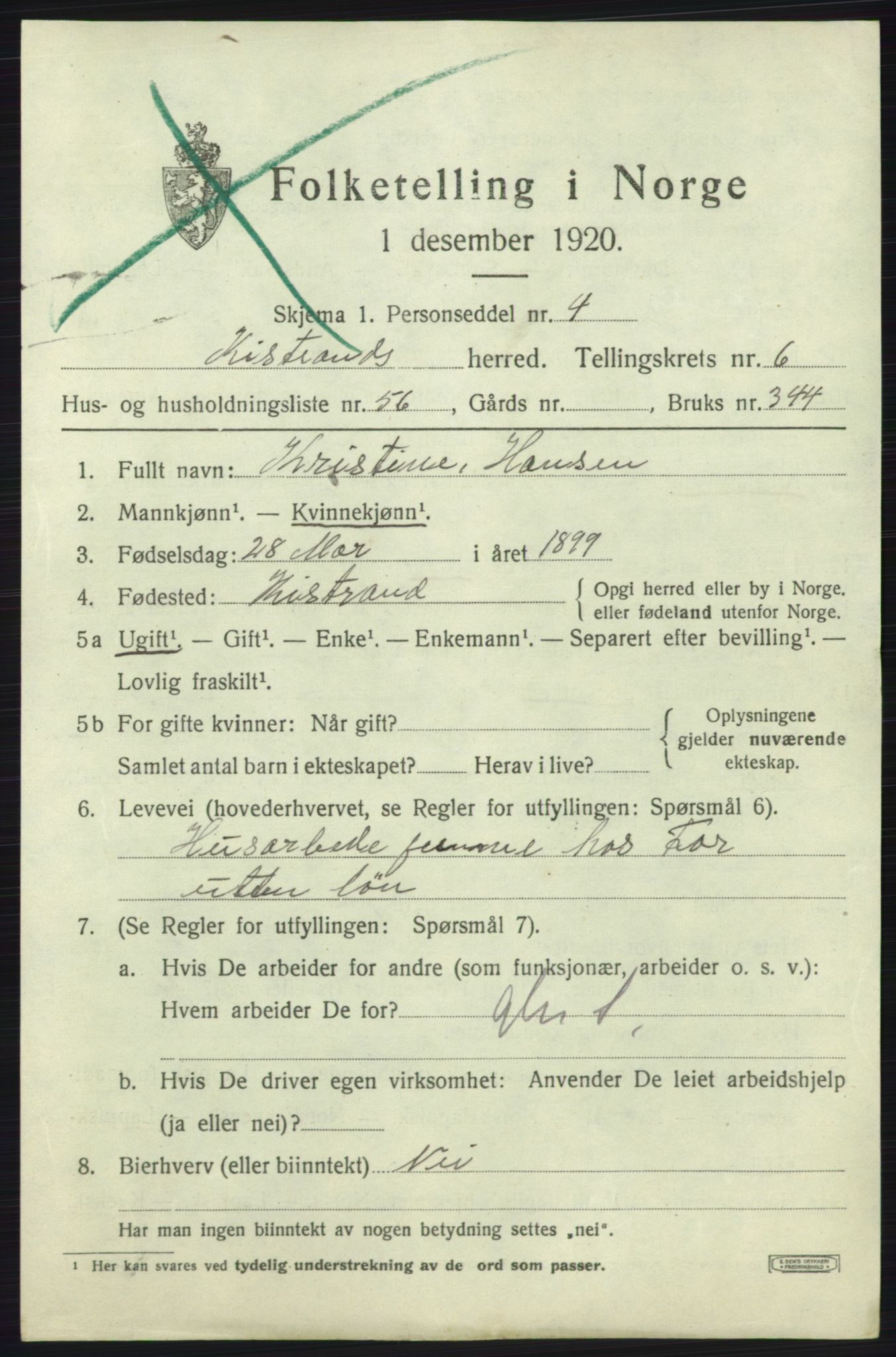 SATØ, 1920 census for Kistrand, 1920, p. 4240