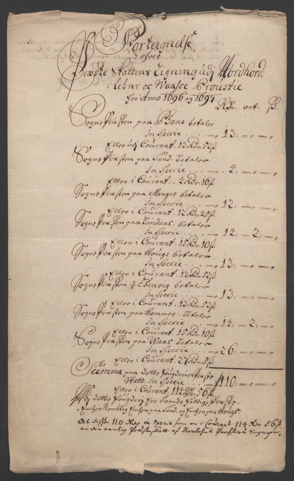 Rentekammeret inntil 1814, Reviderte regnskaper, Fogderegnskap, RA/EA-4092/R51/L3183: Fogderegnskap Nordhordland og Voss, 1695-1697, p. 431
