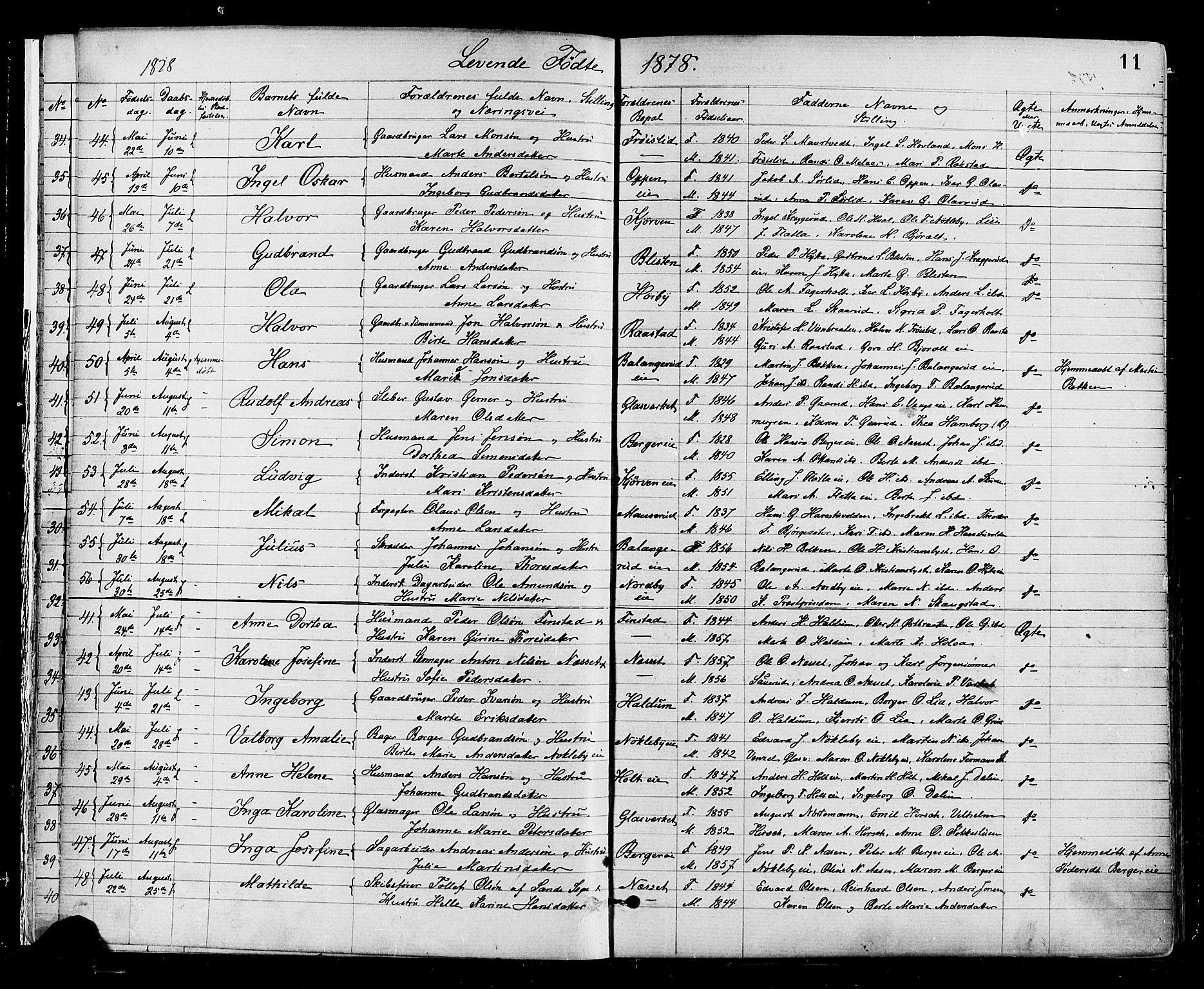 Jevnaker prestekontor, AV/SAH-PREST-116/H/Ha/Haa/L0008: Parish register (official) no. 8, 1877-1890, p. 11