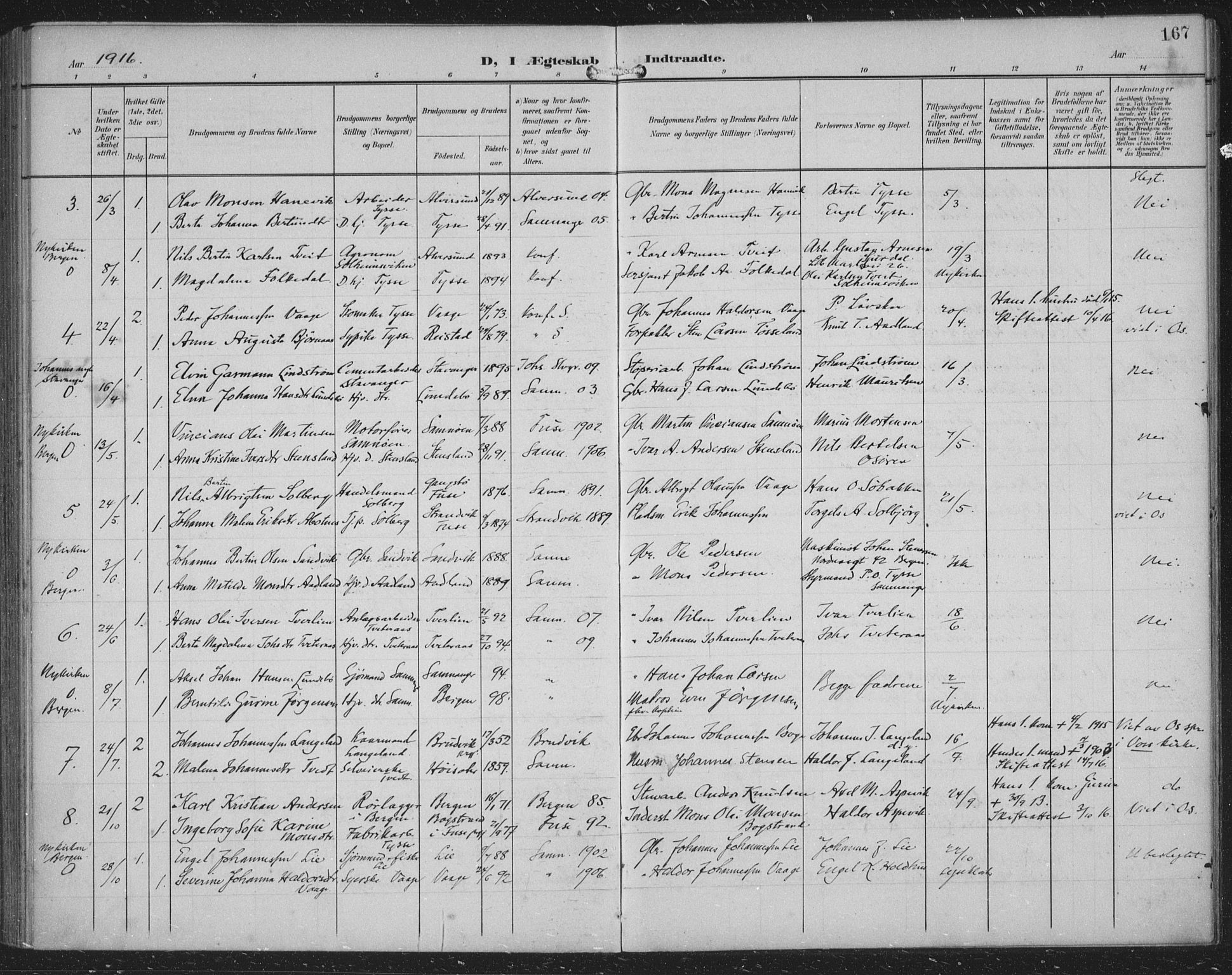 Samnanger Sokneprestembete, AV/SAB-A-77501/H/Haa: Parish register (official) no. A 2, 1902-1918, p. 167