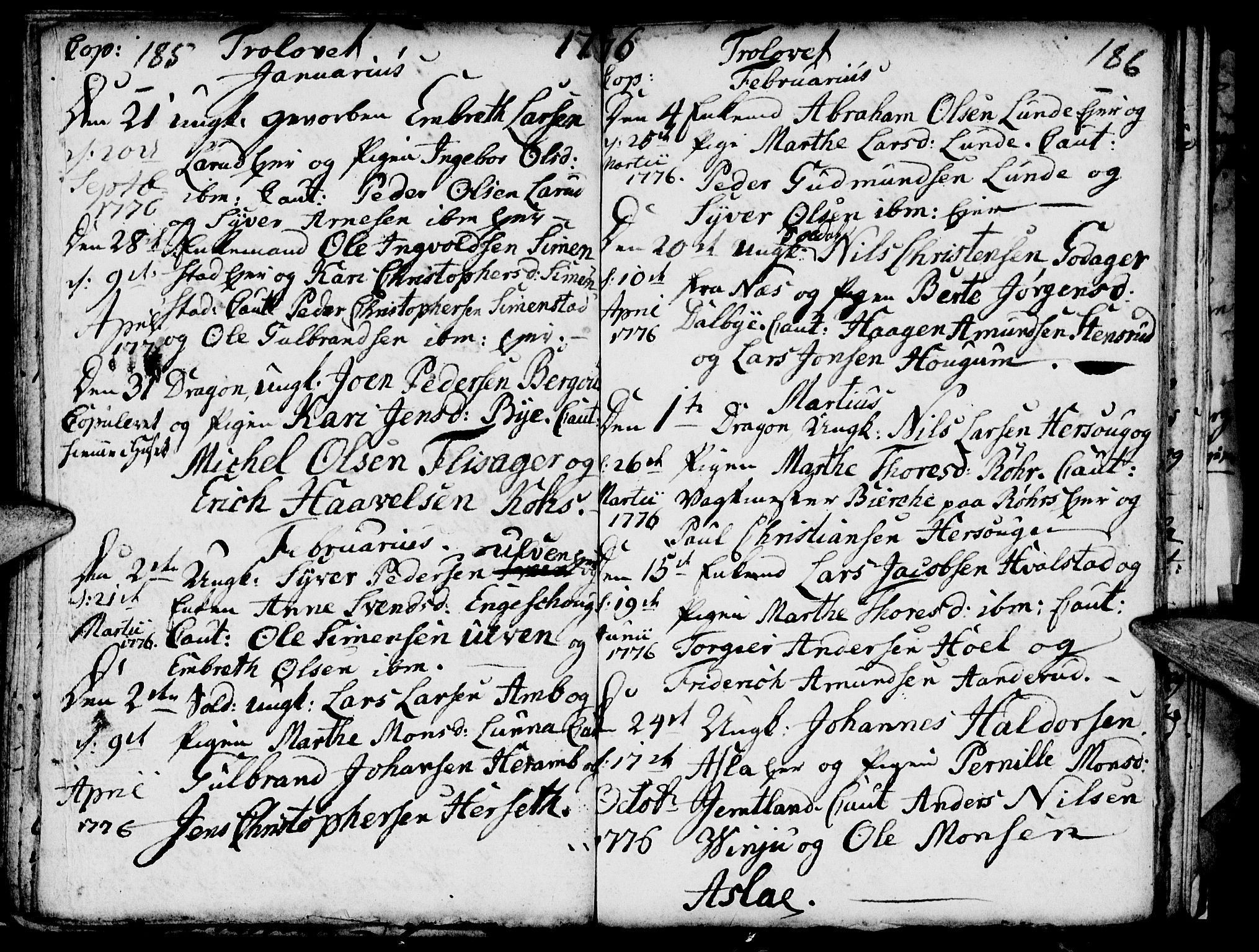 Ringsaker prestekontor, AV/SAH-PREST-014/I/Ia/L0005/0002: Parish register draft no. 5.2, 1775-1779, p. 185-186