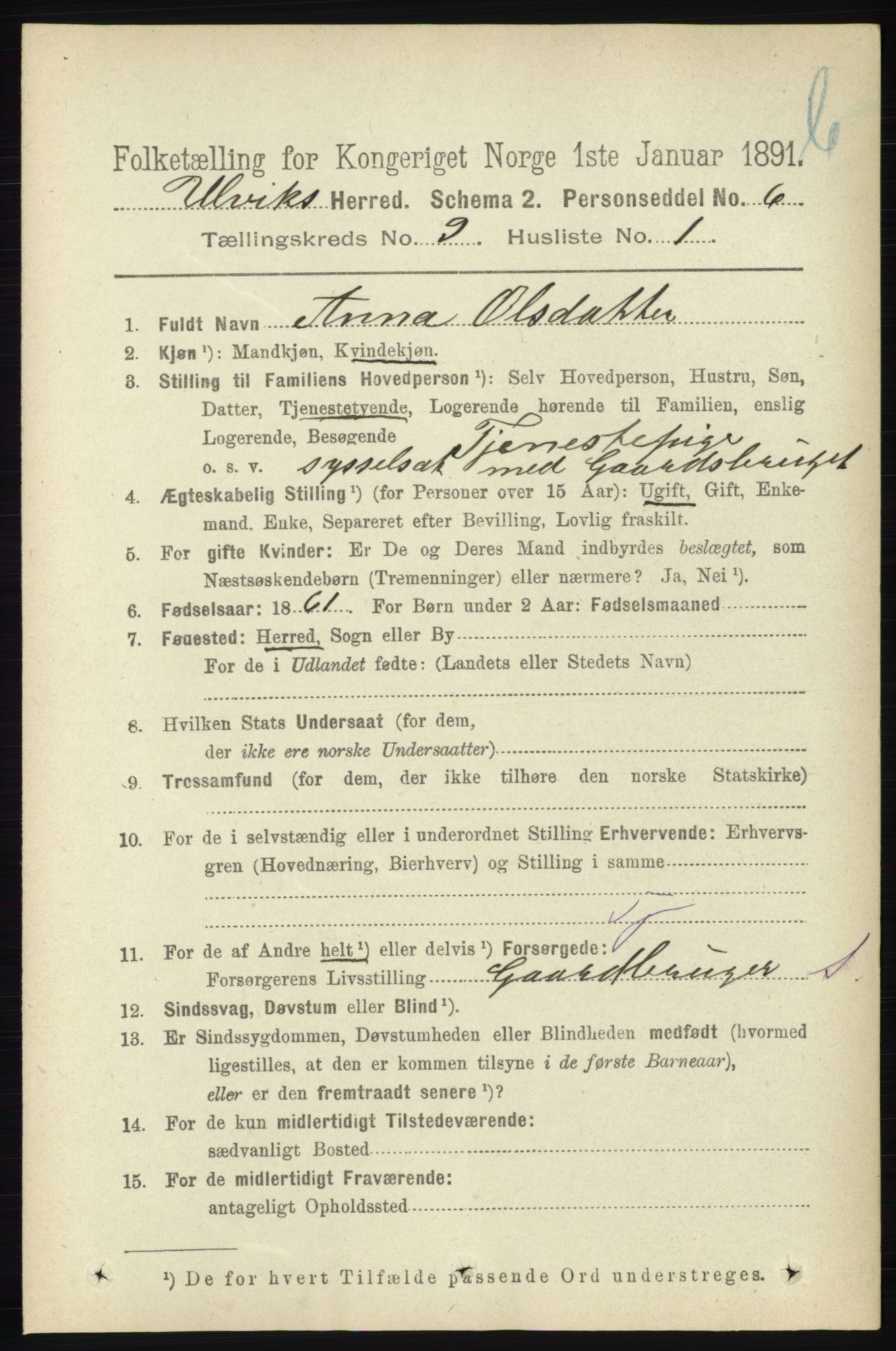 RA, 1891 census for 1233 Ulvik, 1891, p. 2878