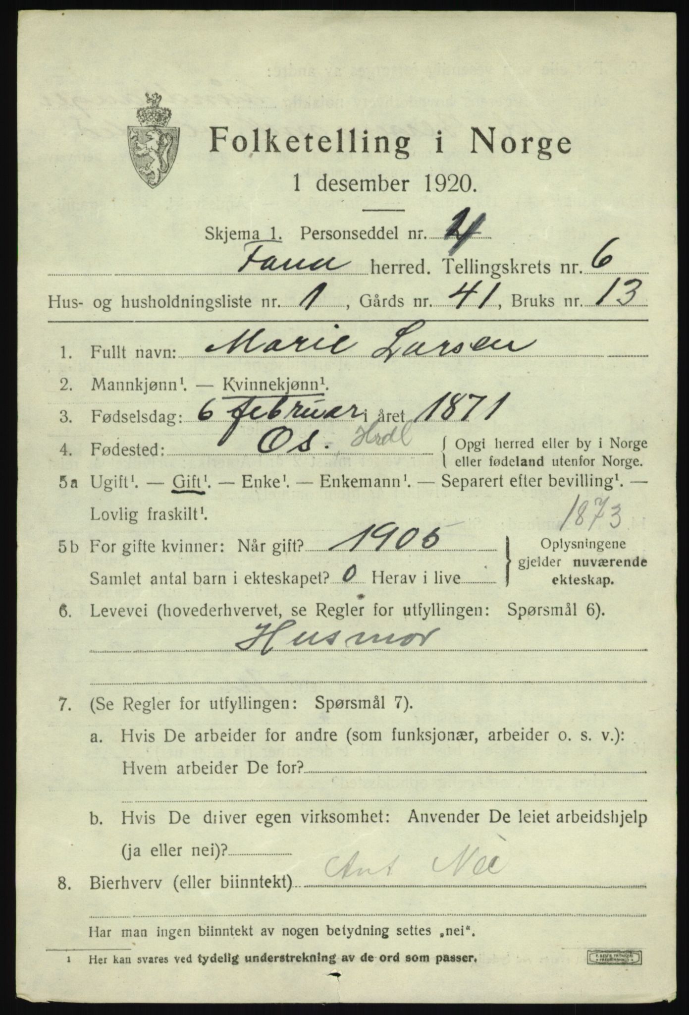 SAB, 1920 census for Fana, 1920, p. 10129