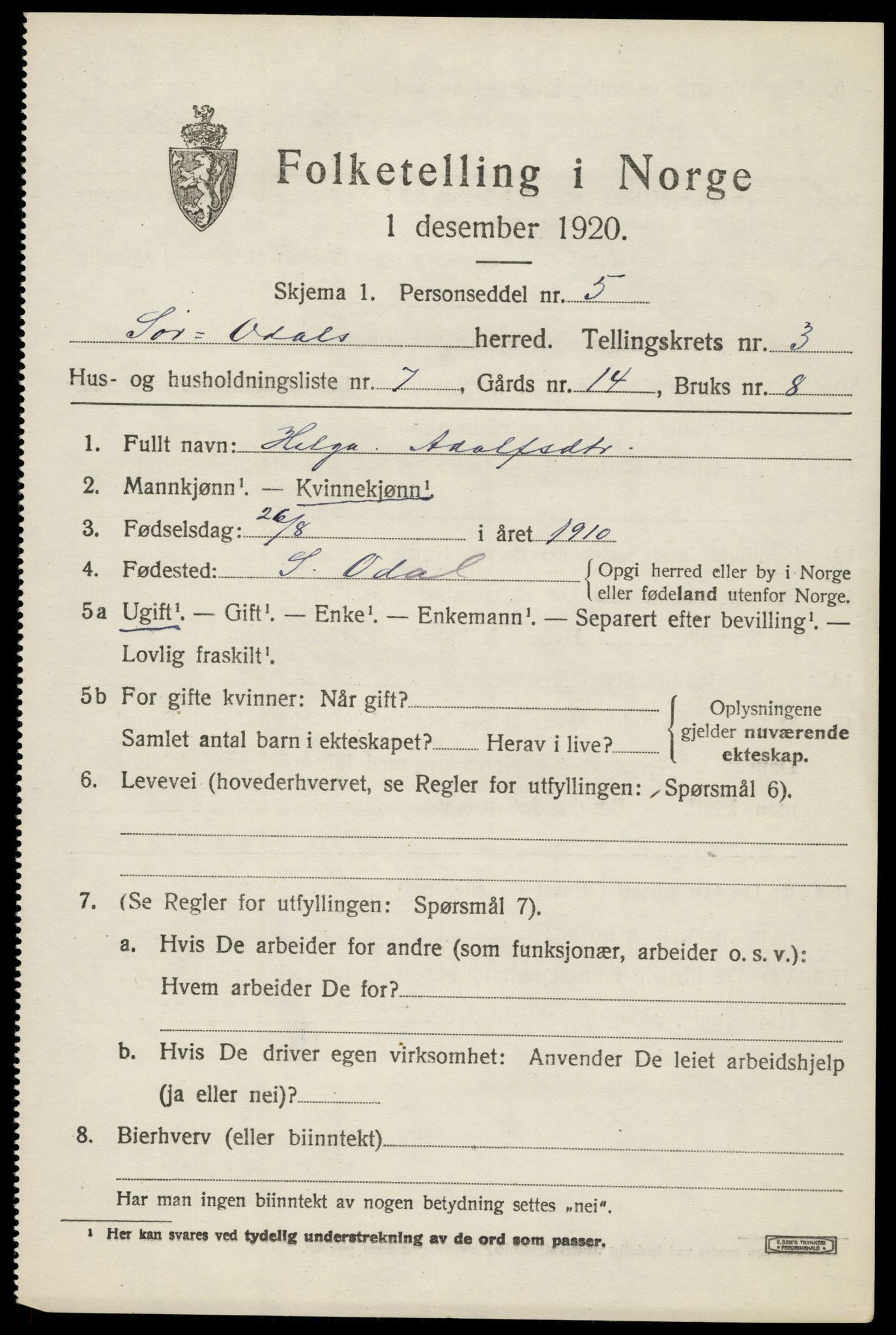 SAH, 1920 census for Sør-Odal, 1920, p. 4327