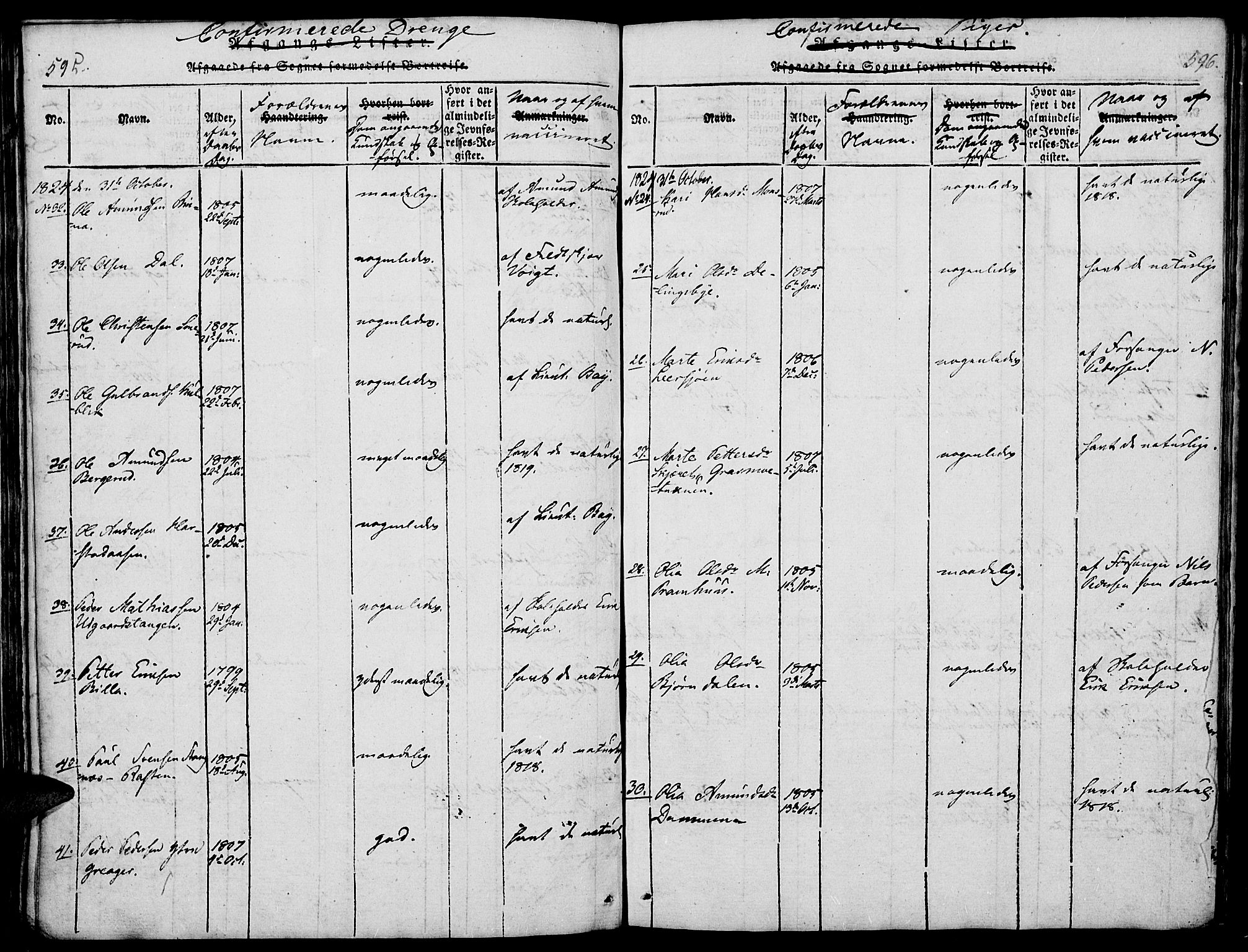 Vinger prestekontor, SAH/PREST-024/H/Ha/Haa/L0006: Parish register (official) no. 6, 1814-1825, p. 595-596