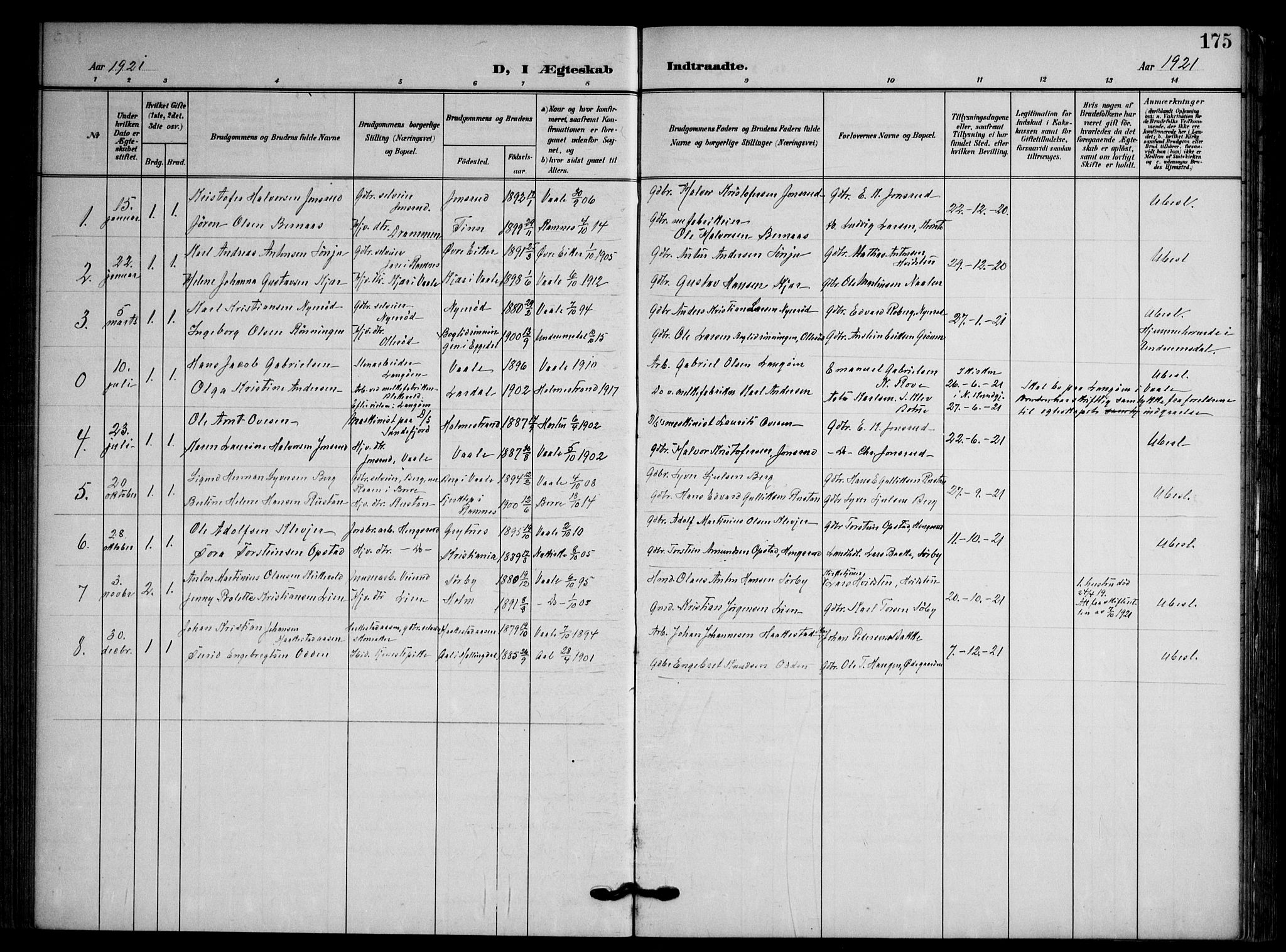 Våle kirkebøker, SAKO/A-334/F/Fa/L0012: Parish register (official) no. I 12, 1907-1934, p. 175
