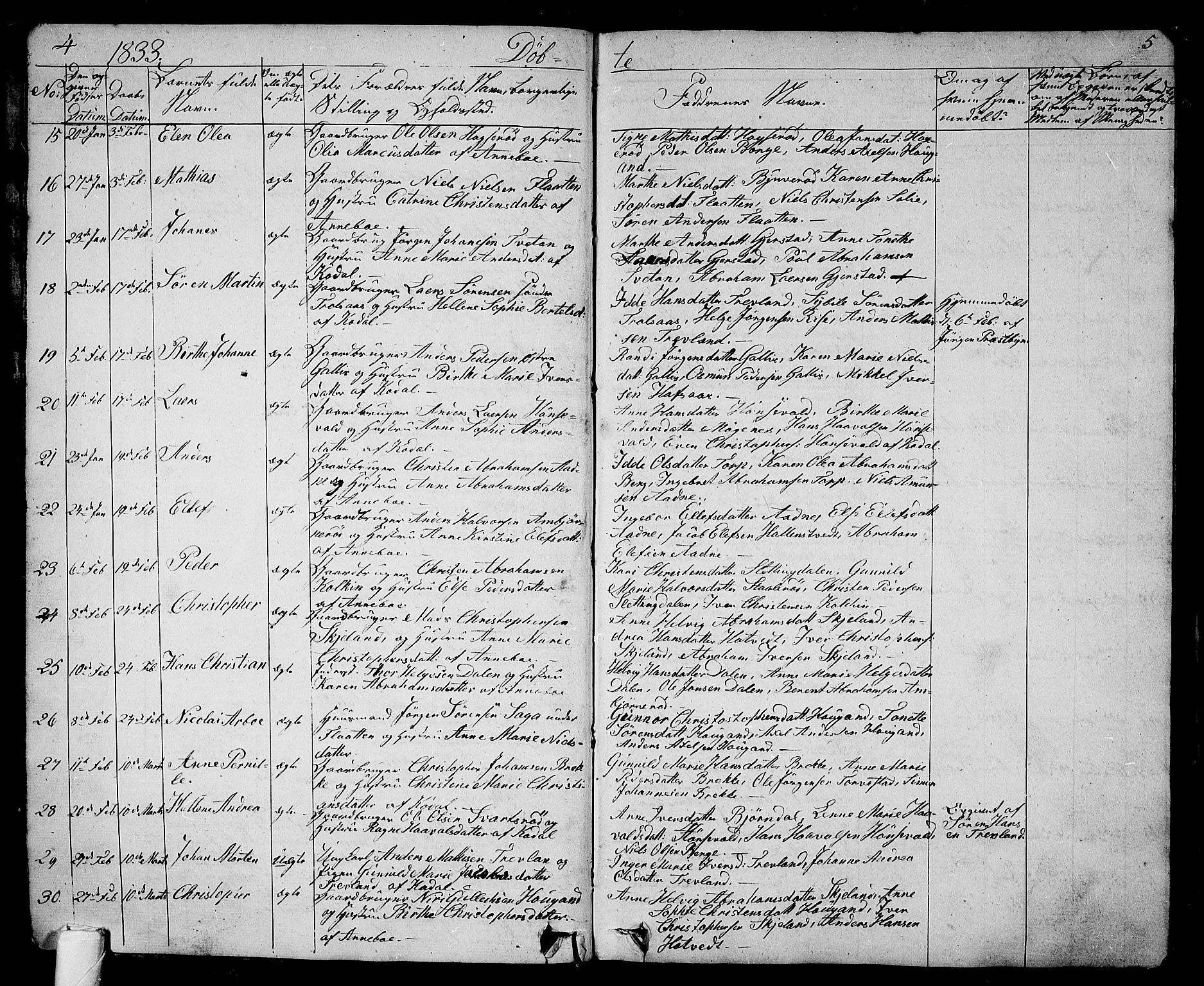 Andebu kirkebøker, AV/SAKO-A-336/G/Ga/L0003: Parish register (copy) no. I 3, 1832-1867, p. 4-5