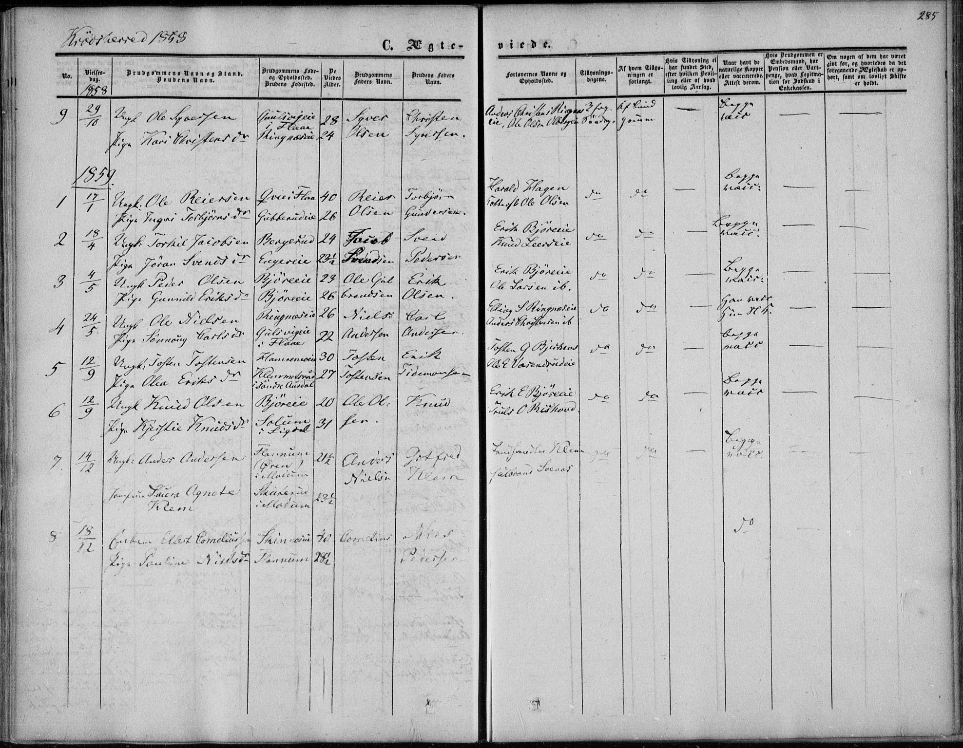 Sigdal kirkebøker, AV/SAKO-A-245/F/Fa/L0008: Parish register (official) no. I 8, 1850-1859, p. 285