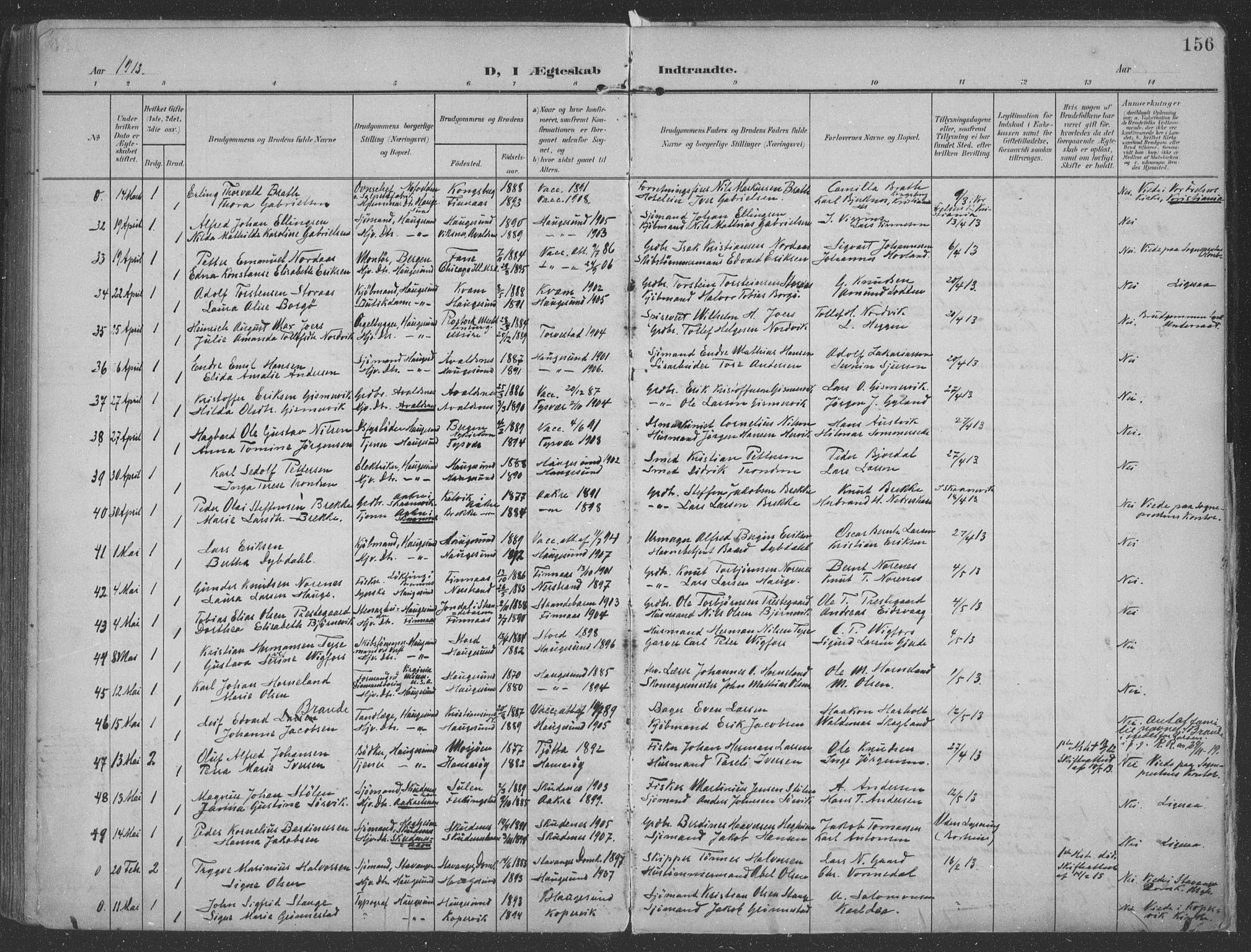 Haugesund sokneprestkontor, AV/SAST-A -101863/H/Ha/Haa/L0007: Parish register (official) no. A 7, 1904-1916, p. 156