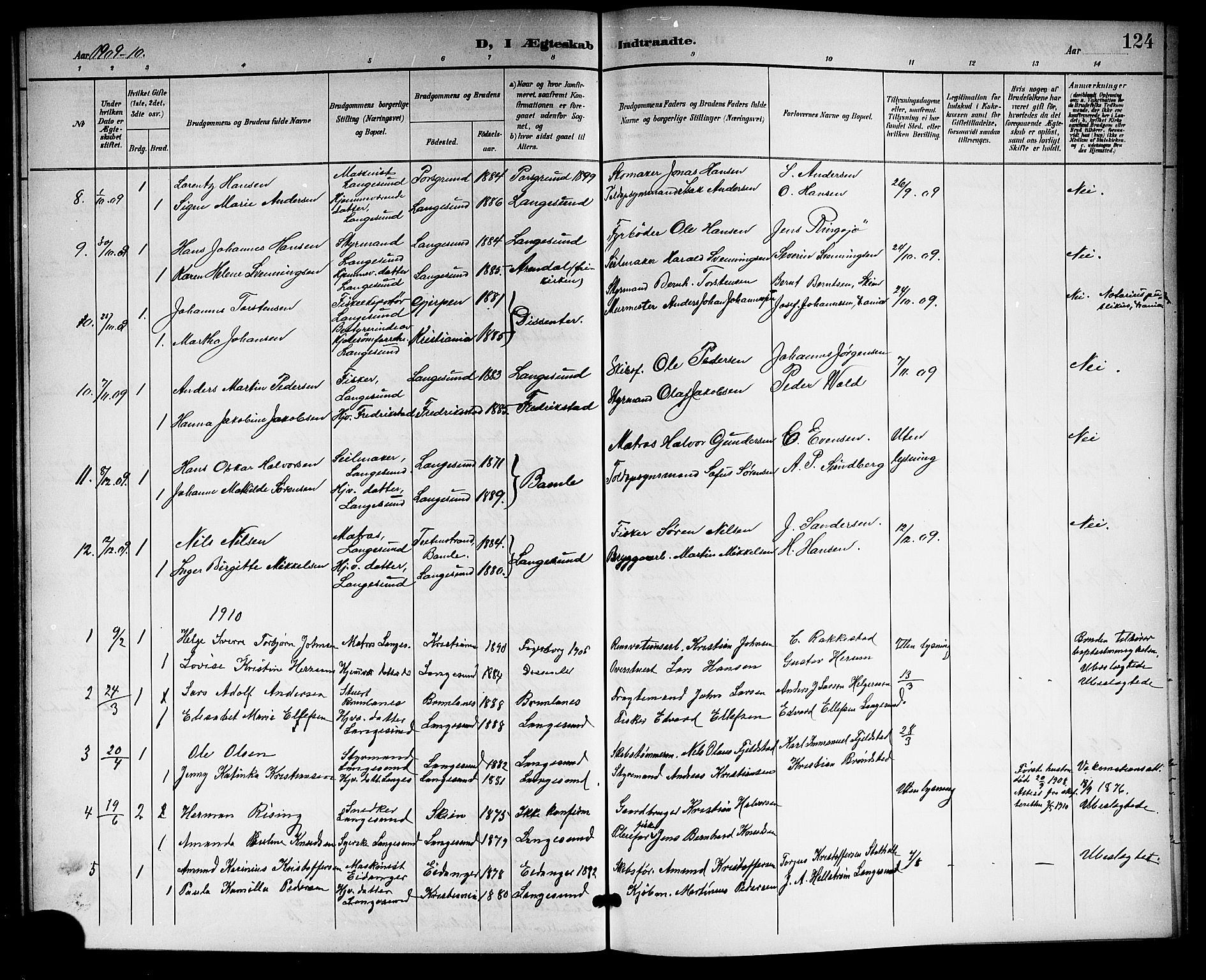Langesund kirkebøker, SAKO/A-280/G/Ga/L0006: Parish register (copy) no. 6, 1899-1918, p. 124
