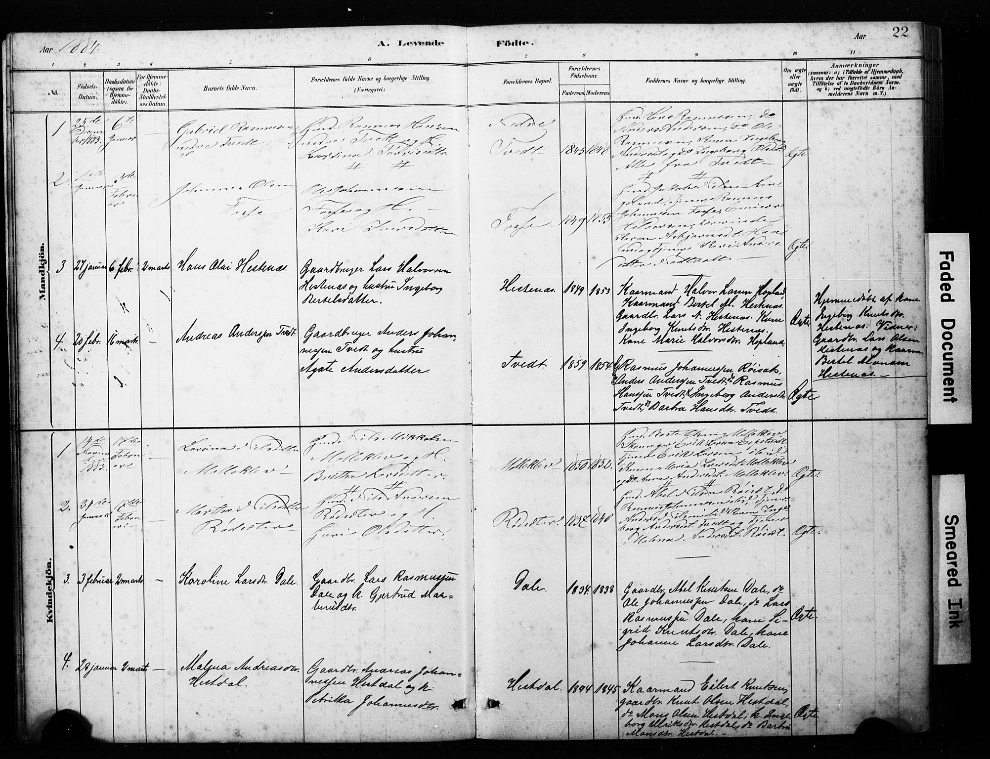 Alversund Sokneprestembete, SAB/A-73901/H/Ha/Hab: Parish register (copy) no. C 3, 1881-1894, p. 22