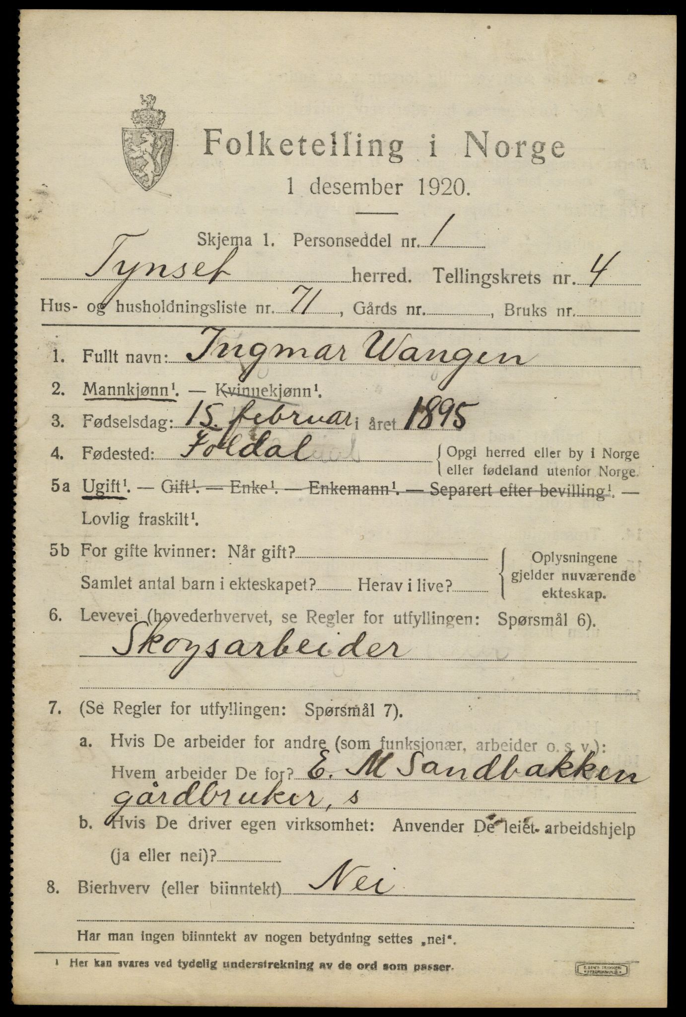 SAH, 1920 census for Tynset, 1920, p. 4078