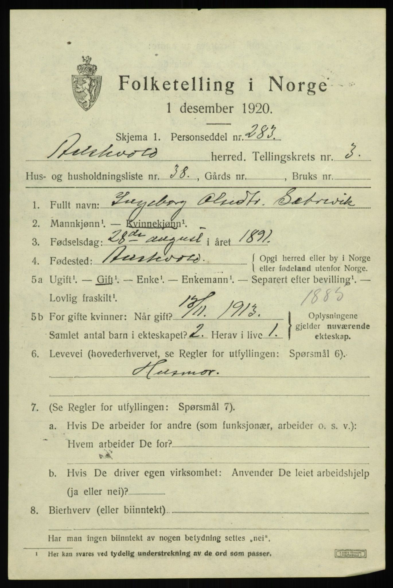 SAB, 1920 census for Austevoll, 1920, p. 2658