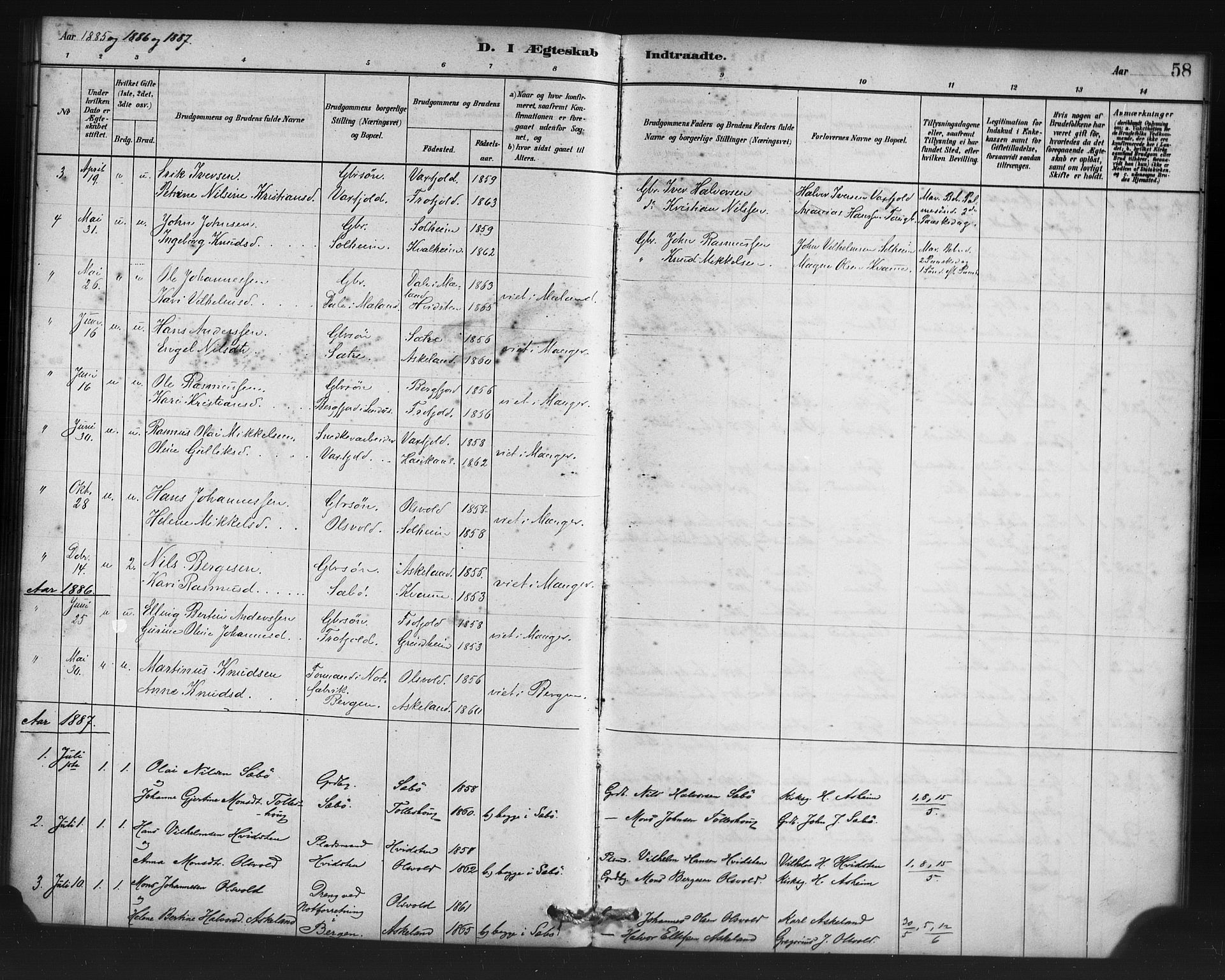 Manger sokneprestembete, SAB/A-76801/H/Haa: Parish register (official) no. D 1, 1881-1892, p. 58