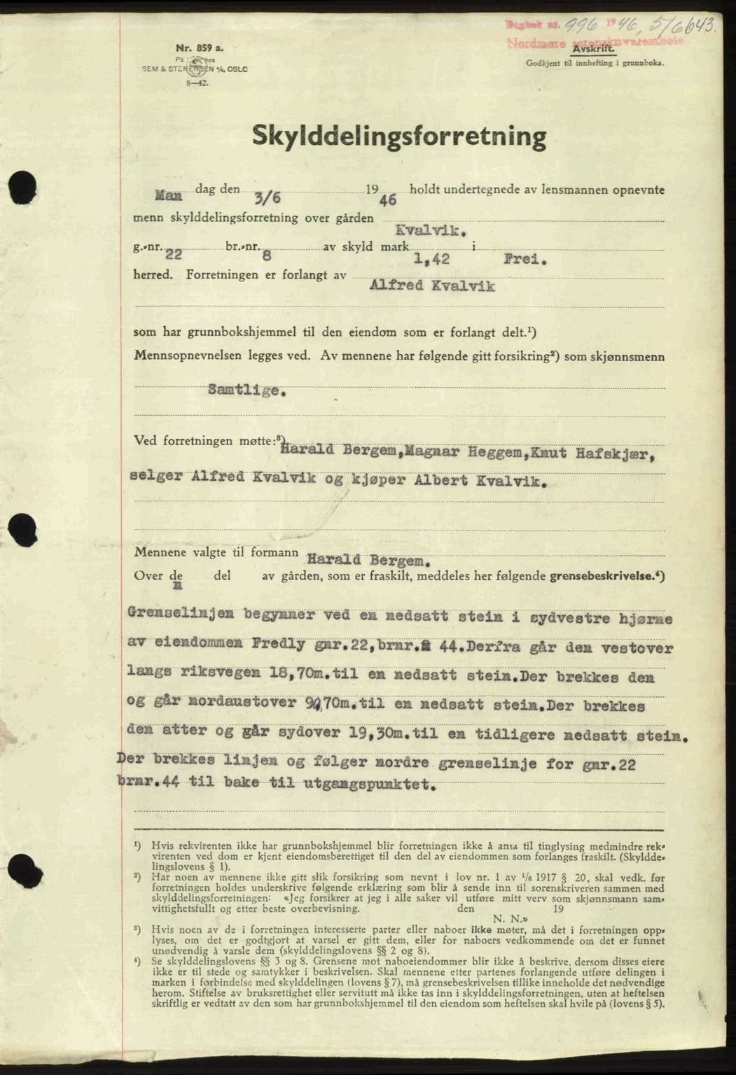 Nordmøre sorenskriveri, AV/SAT-A-4132/1/2/2Ca: Mortgage book no. A101, 1946-1946, Diary no: : 996/1946