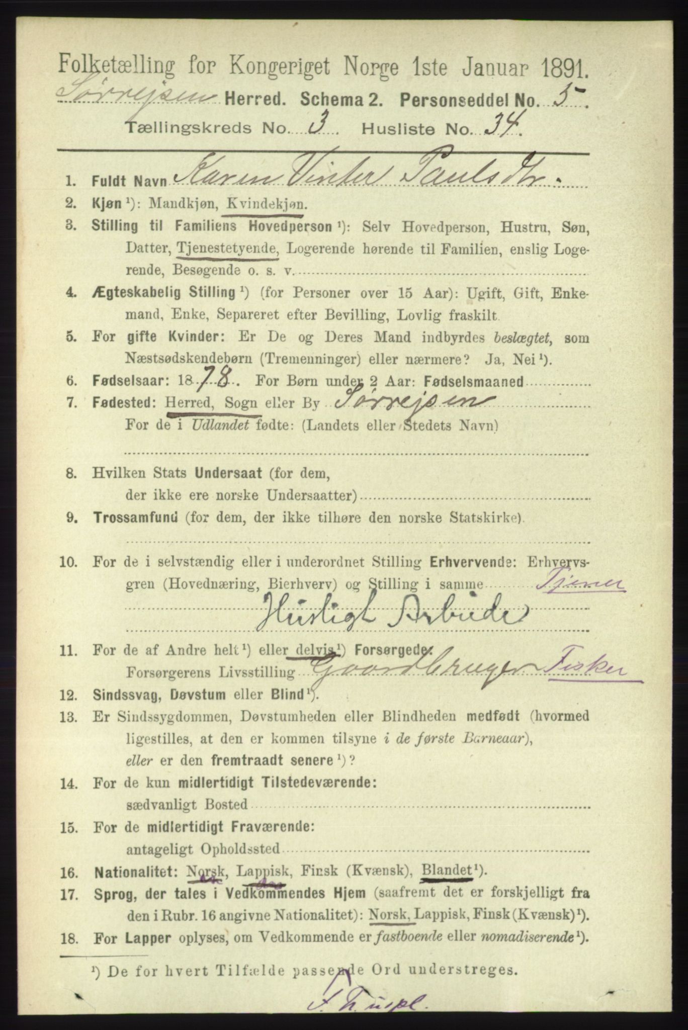 RA, 1891 census for 1925 Sørreisa, 1891, p. 969