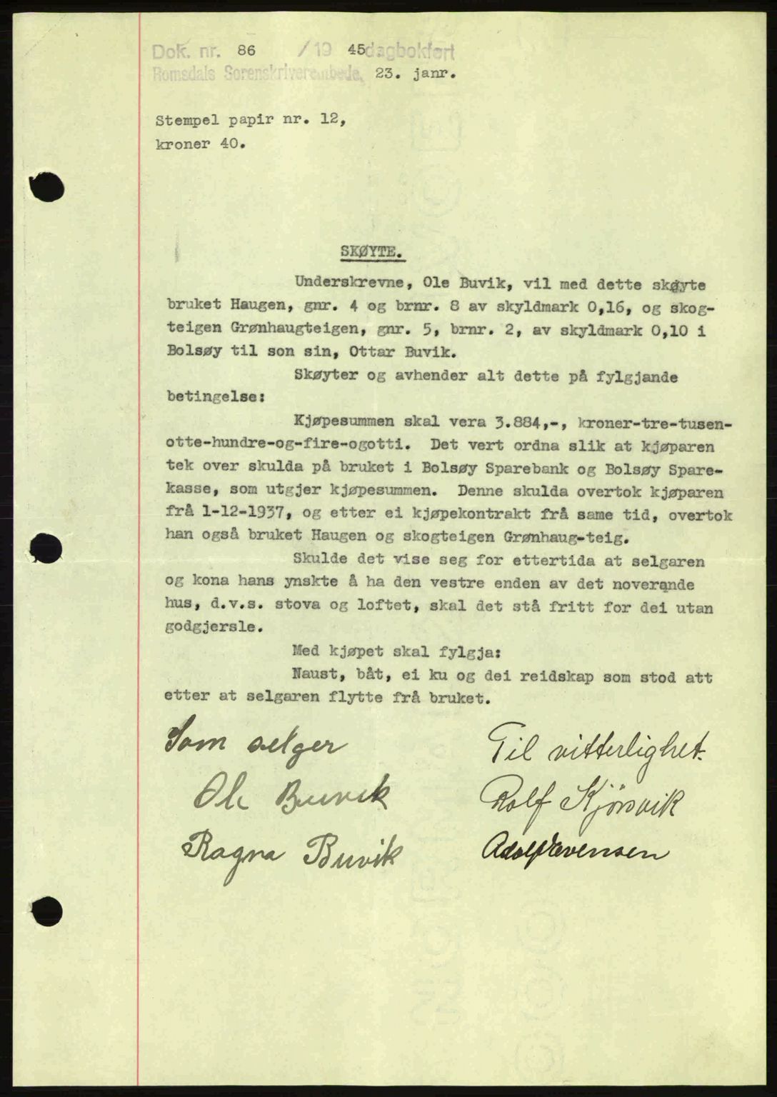 Romsdal sorenskriveri, AV/SAT-A-4149/1/2/2C: Mortgage book no. A17, 1944-1945, Diary no: : 86/1945