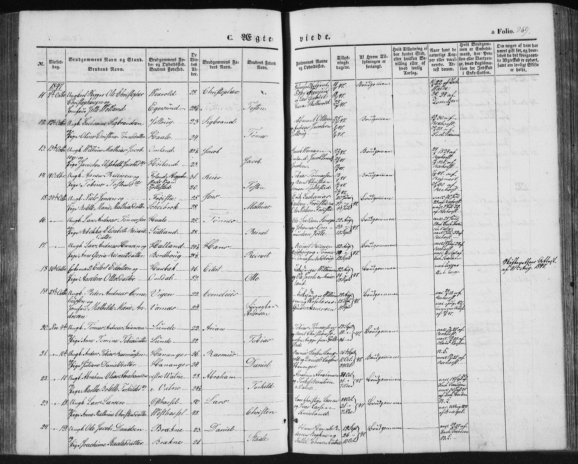 Lista sokneprestkontor, SAK/1111-0027/F/Fa/L0010: Parish register (official) no. A 10, 1846-1861, p. 269