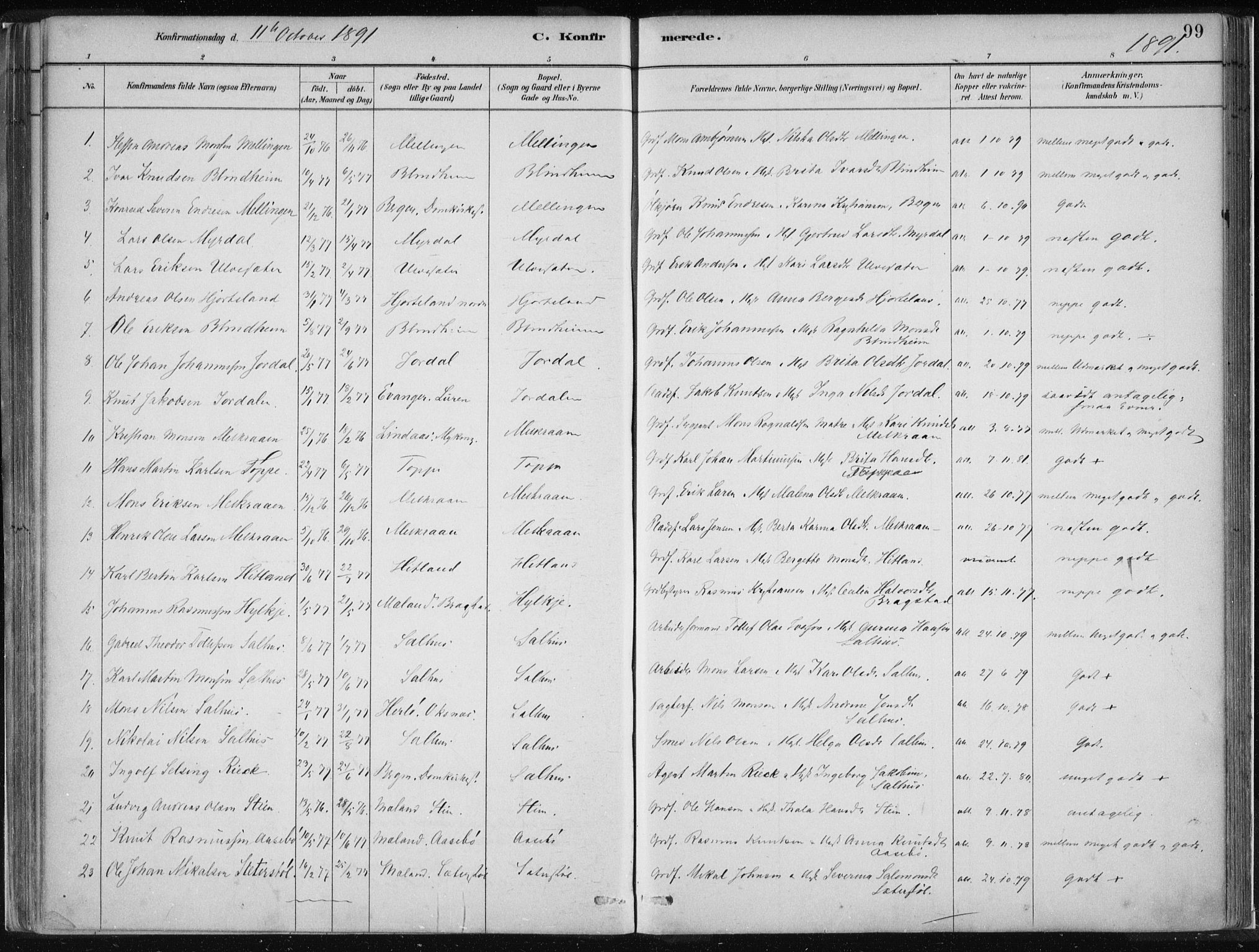 Hamre sokneprestembete, SAB/A-75501/H/Ha/Haa/Haad/L0001: Parish register (official) no. D  1, 1882-1906, p. 99