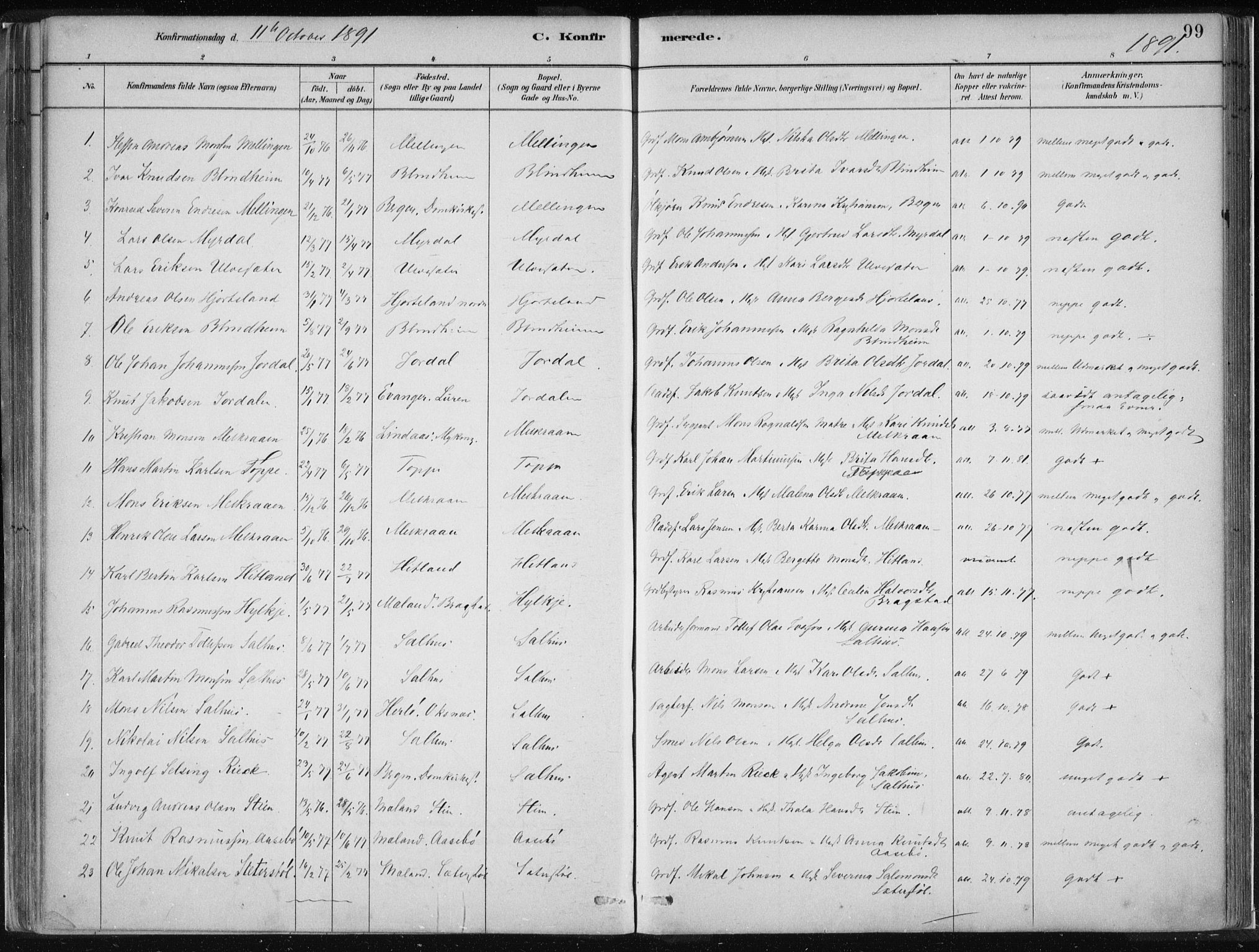 Hamre sokneprestembete, AV/SAB-A-75501/H/Ha/Haa/Haad/L0001: Parish register (official) no. D  1, 1882-1906, p. 99