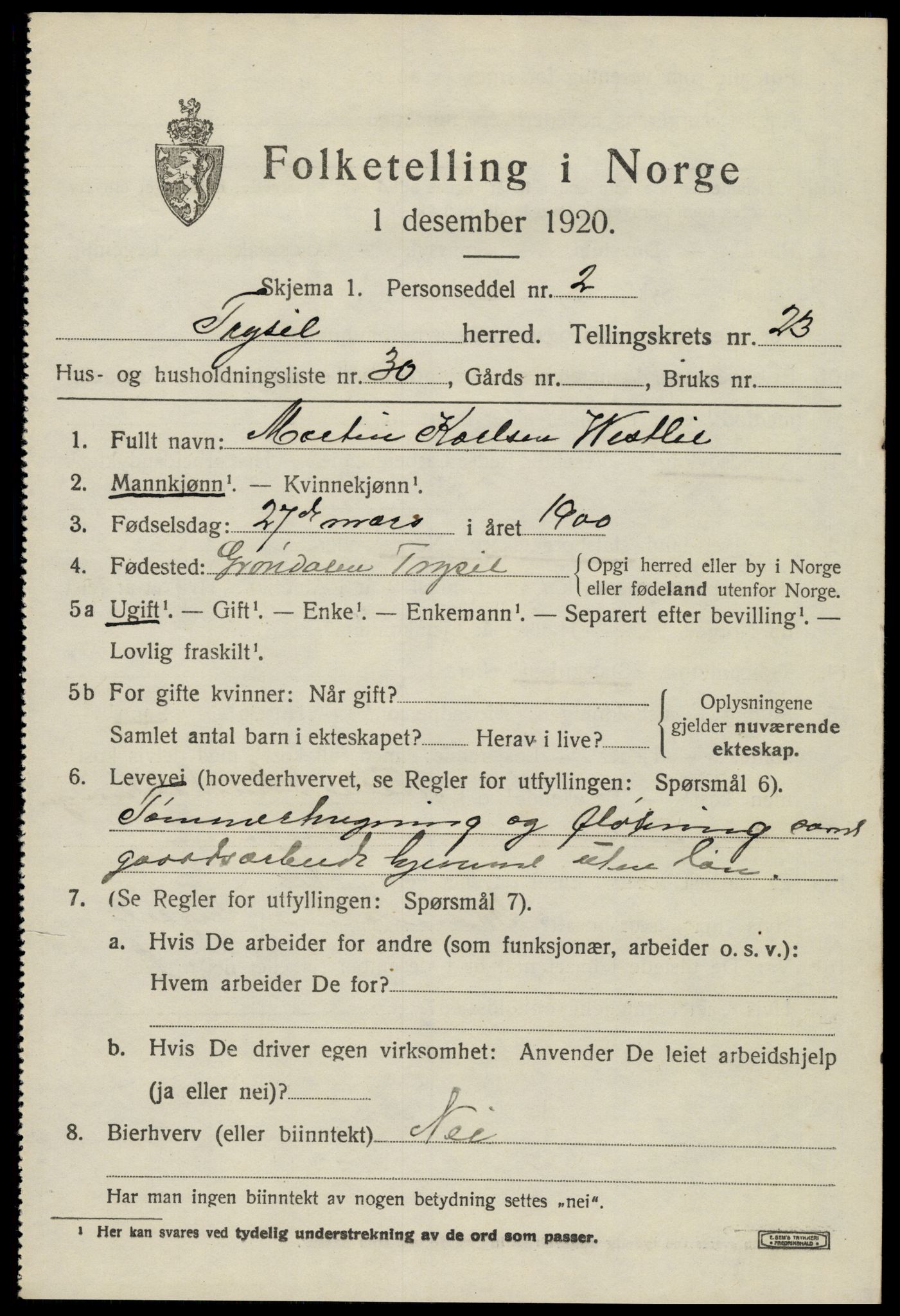 SAH, 1920 census for Trysil, 1920, p. 15213