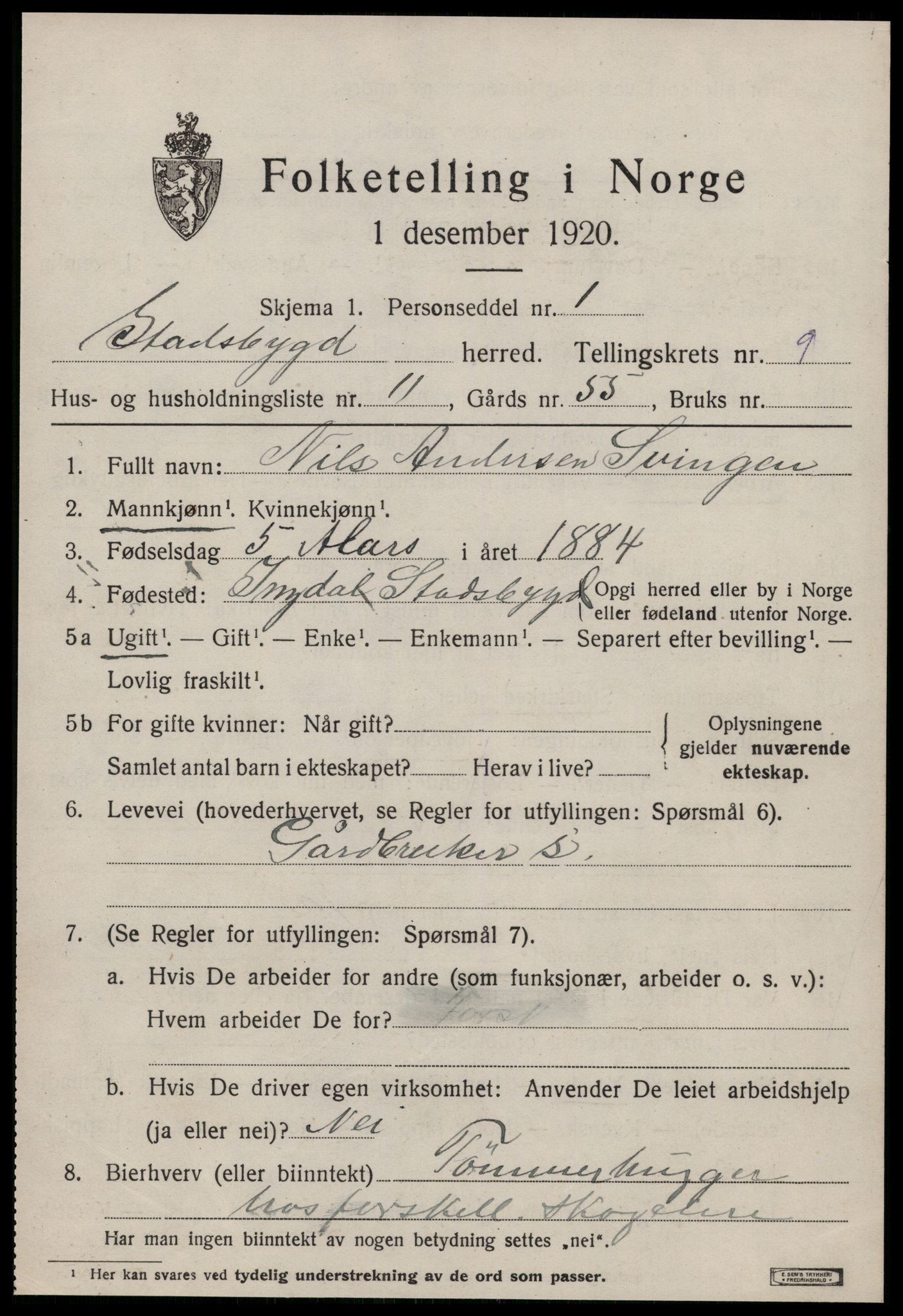 SAT, 1920 census for Stadsbygd, 1920, p. 4406