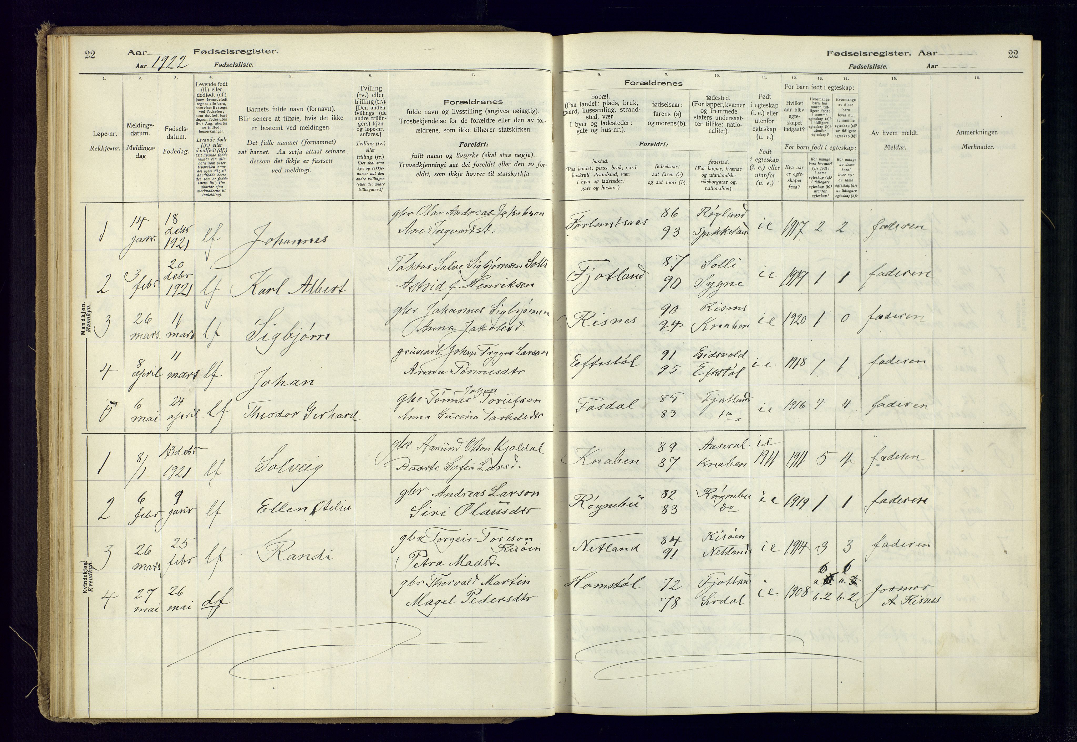 Fjotland sokneprestkontor, AV/SAK-1111-0010/J/Ja/L0001: Birth register no. 1, 1916-1981, p. 22