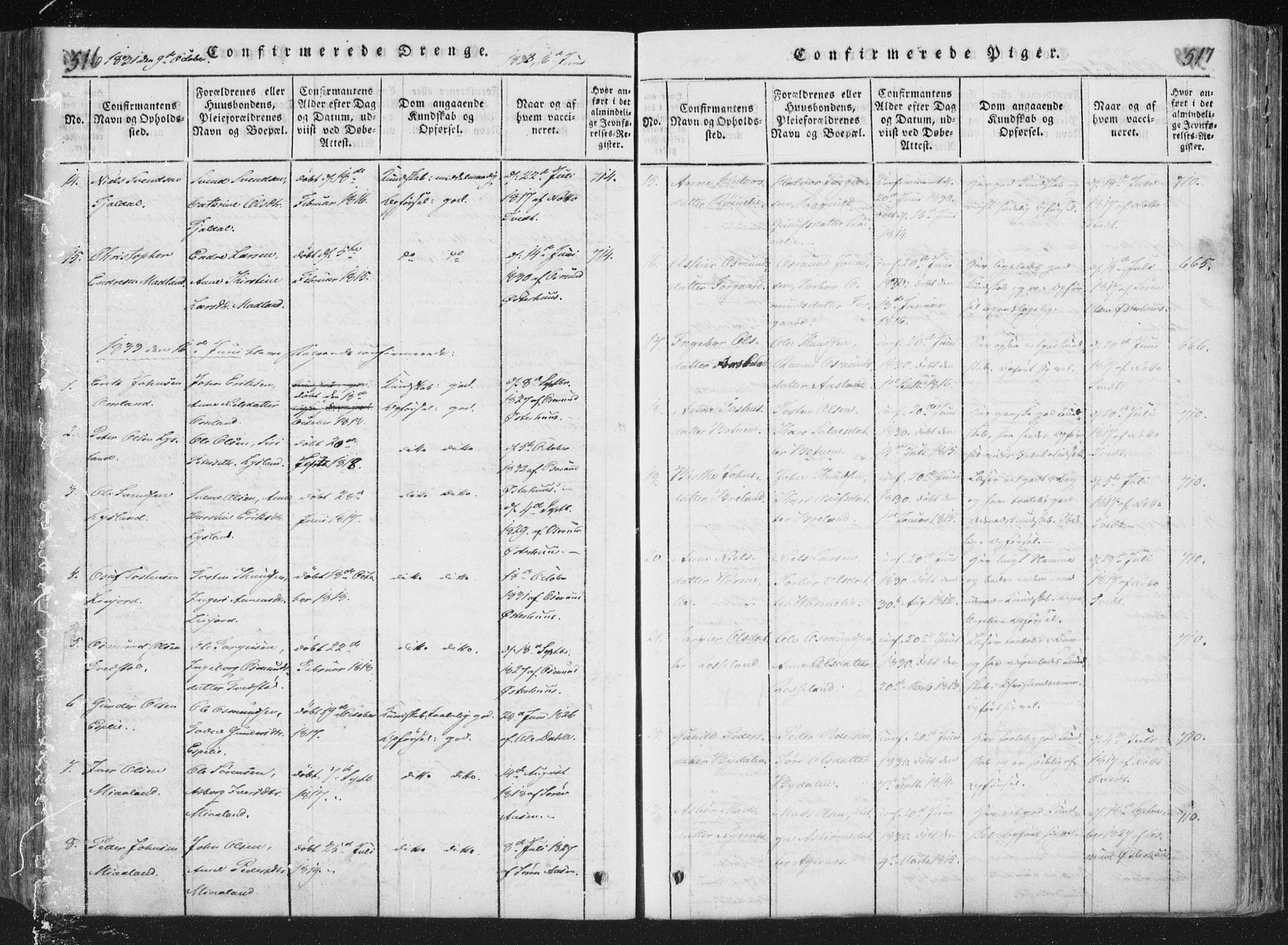 Åseral sokneprestkontor, SAK/1111-0051/F/Fa/L0001: Parish register (official) no. A 1, 1815-1853, p. 516-517