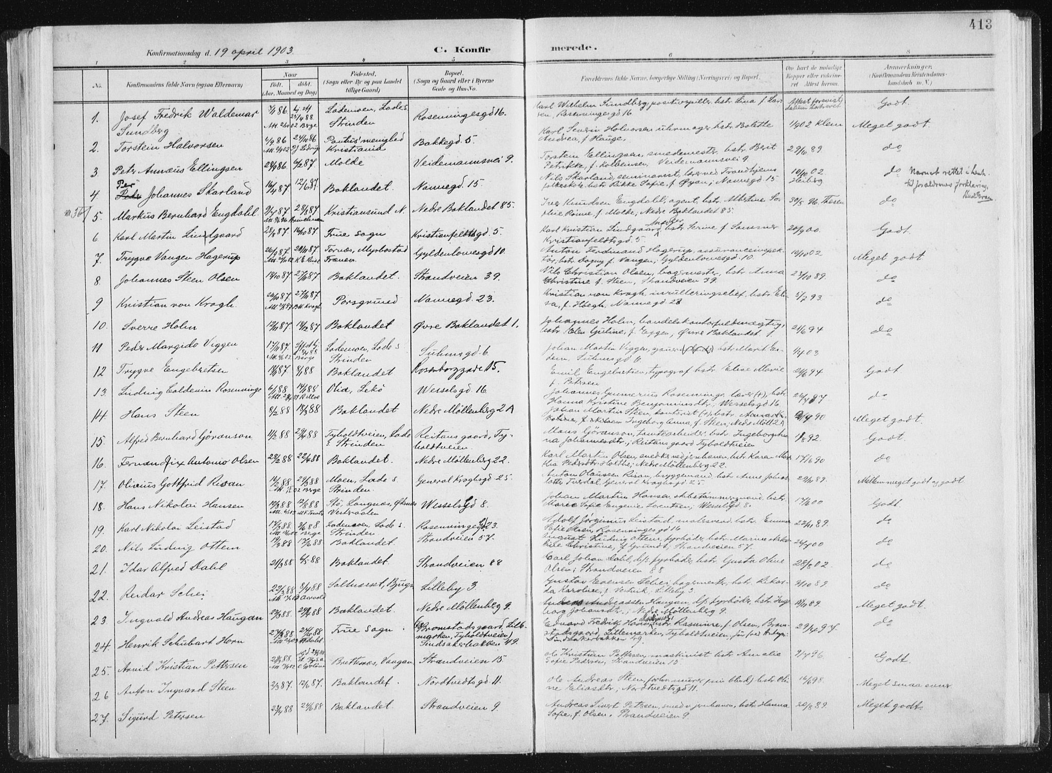 Ministerialprotokoller, klokkerbøker og fødselsregistre - Sør-Trøndelag, SAT/A-1456/604/L0200: Parish register (official) no. 604A20II, 1901-1908, p. 413