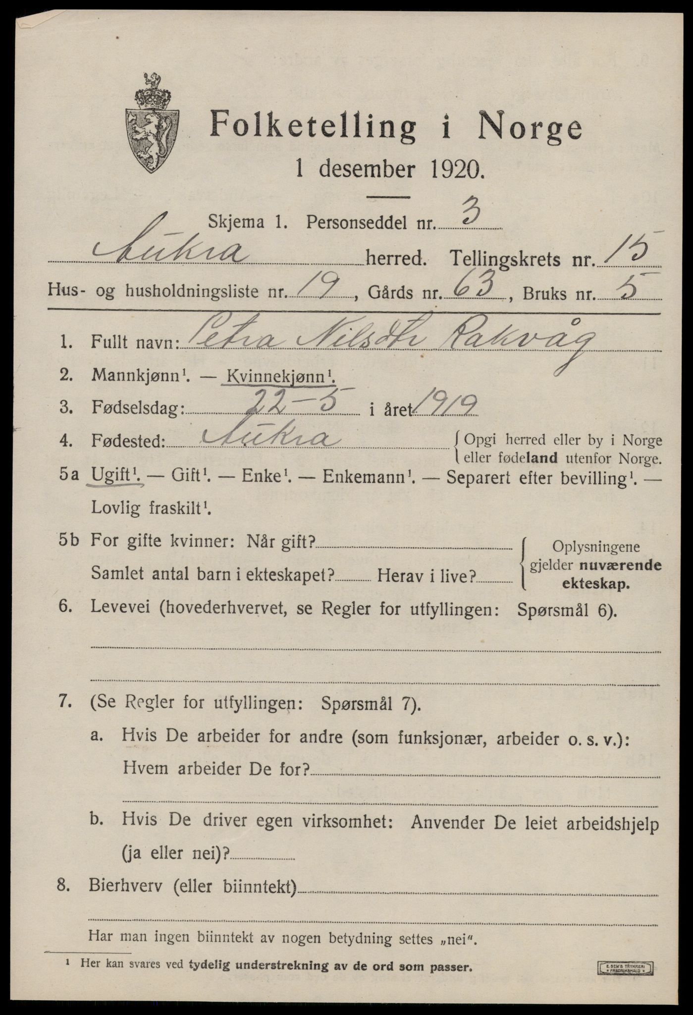 SAT, 1920 census for Aukra, 1920, p. 6927