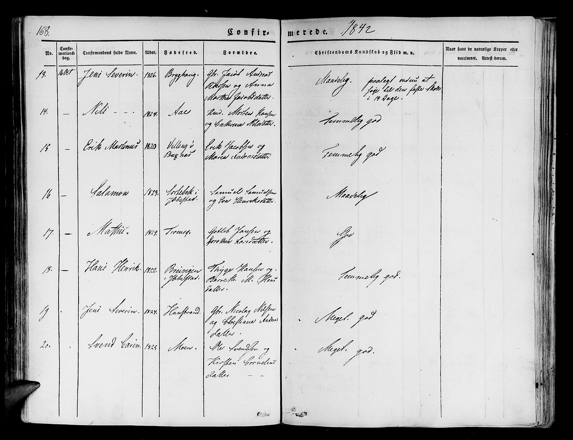 Tranøy sokneprestkontor, AV/SATØ-S-1313/I/Ia/Iaa/L0005kirke: Parish register (official) no. 5, 1829-1844, p. 168