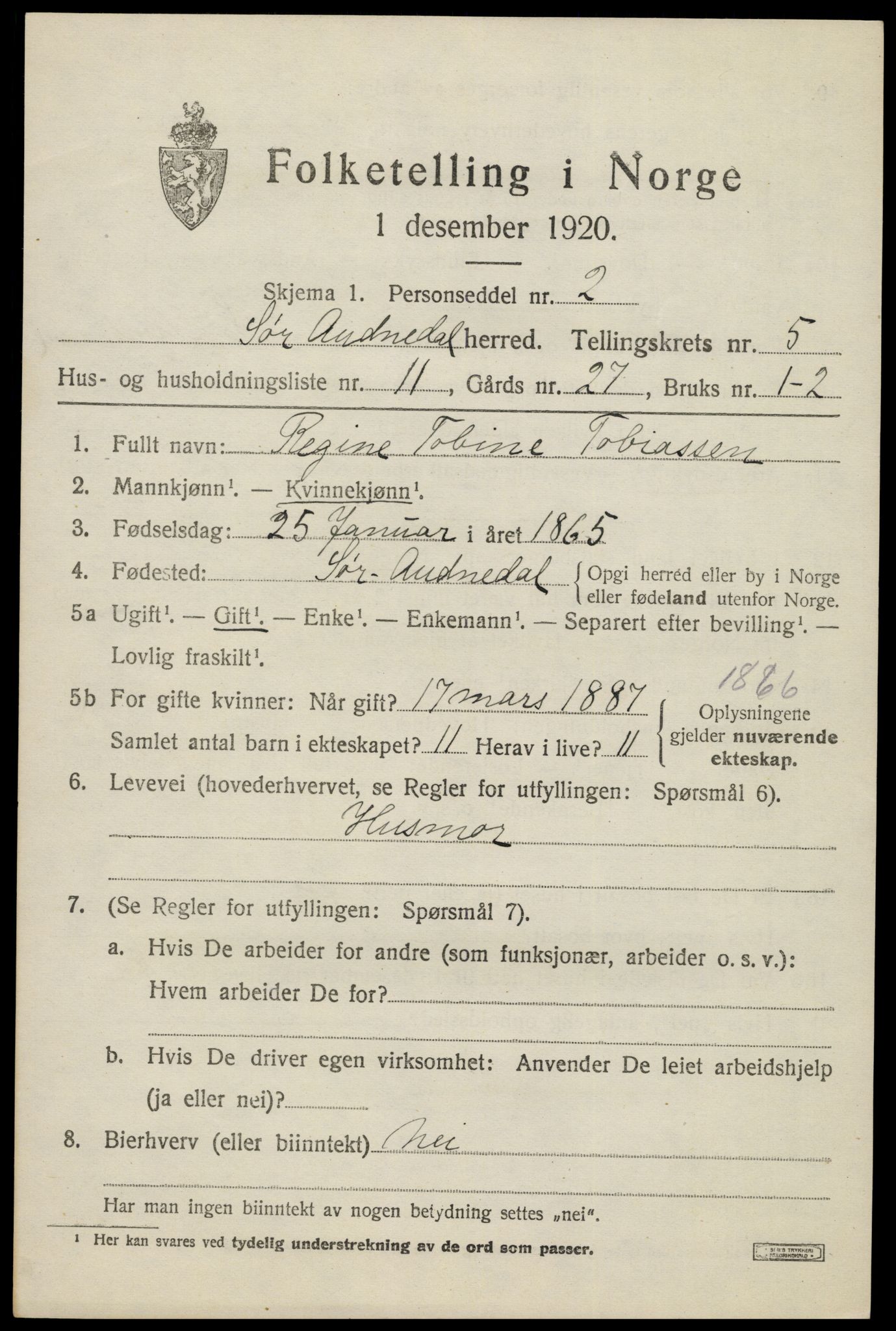 SAK, 1920 census for Sør-Audnedal, 1920, p. 2599